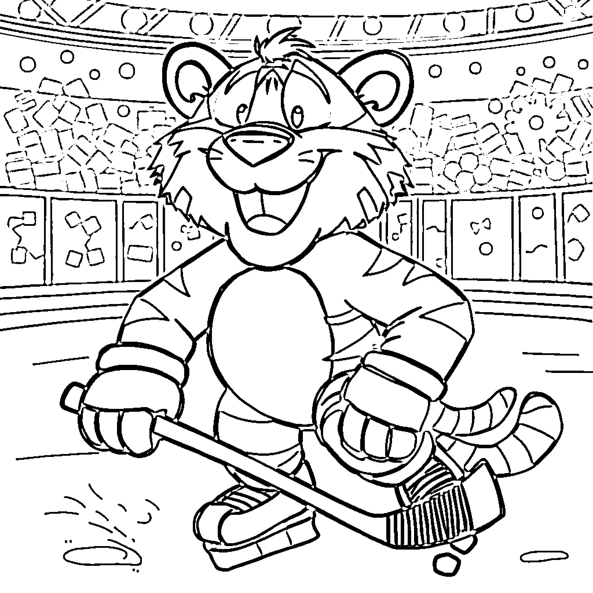 Tony the Tiger playing hockey in an ice hockey rink Coloring Page (free black-and-white line drawing printable PDF for all, from beginners to advanced learners, including children, teens, adults, and seniors)