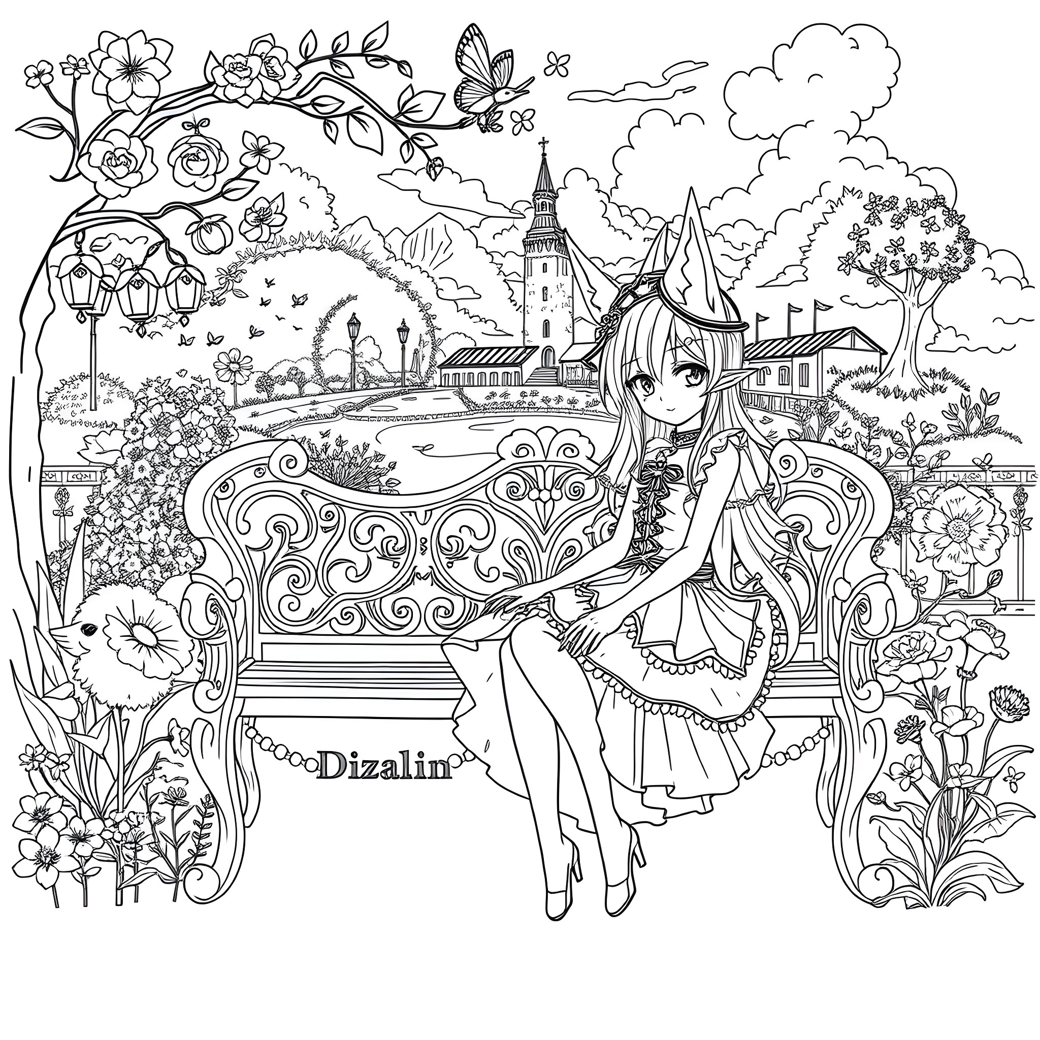 Rozalin's Enchanting Stroll Through a Whimsical Landscape Coloring Page (free black-and-white line drawing printable PDF for all, from beginners to advanced learners, including children, teens, adults, and seniors)