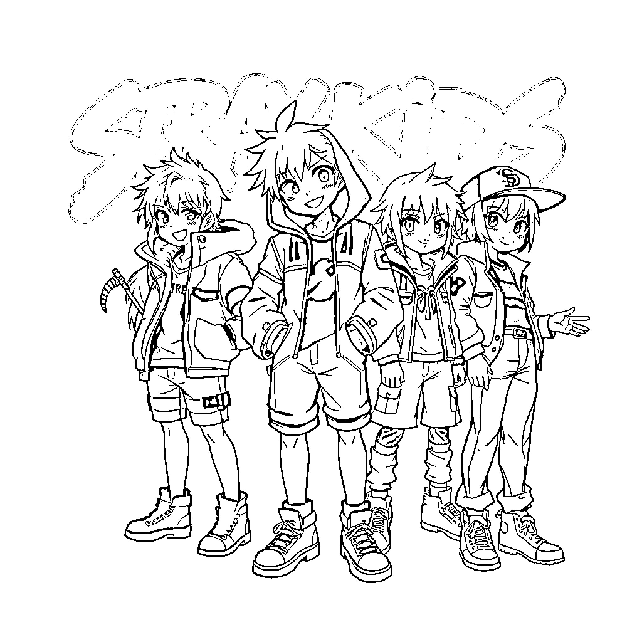 Stray Kids posing together in casual outfits Coloring Page (free black-and-white line drawing printable PDF for all, from beginners to advanced learners, including children, teens, adults, and seniors)