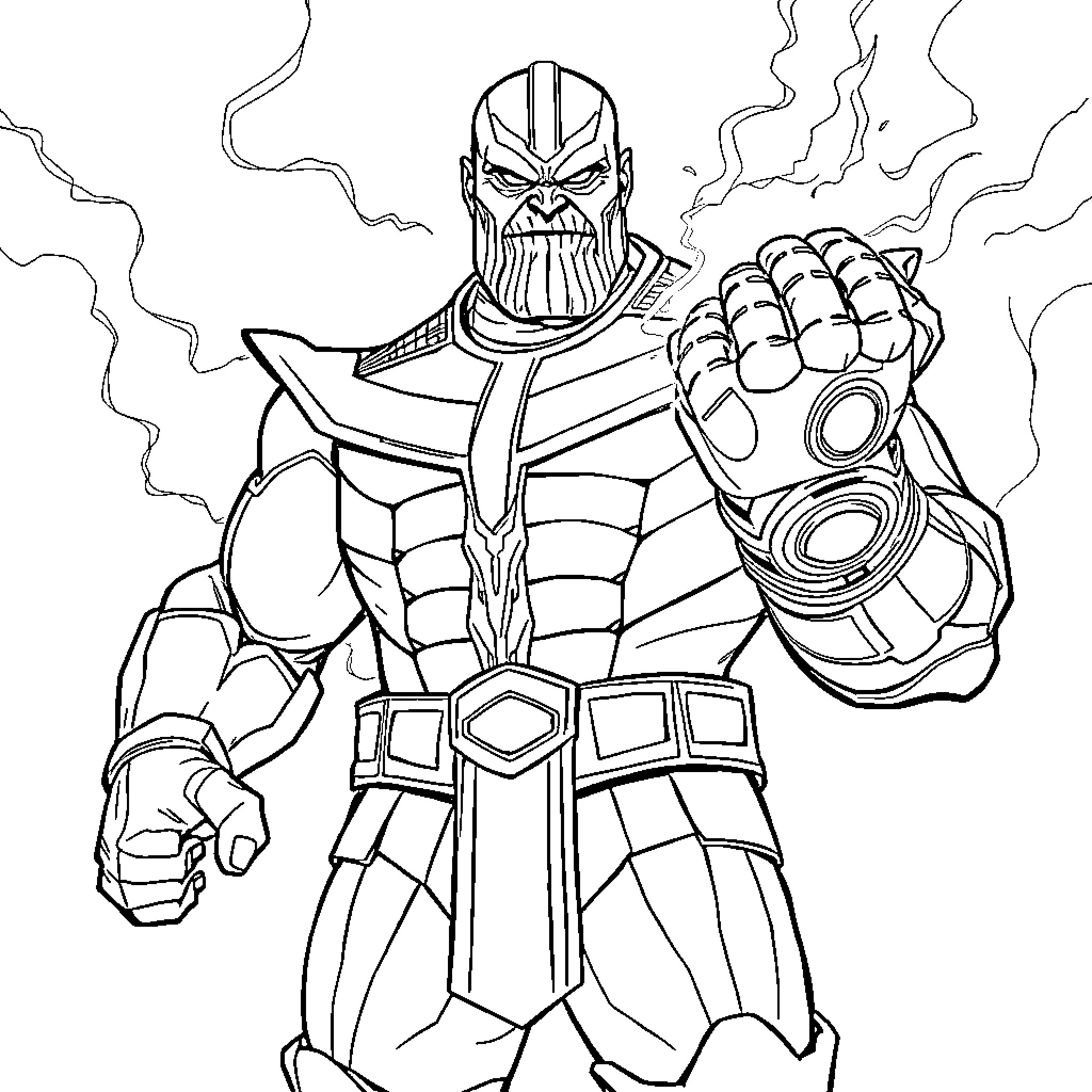 Thanos wields the Infinity Gauntlet with power Coloring Page (free black-and-white line drawing printable PDF for all, from beginners to advanced learners, including children, teens, adults, and seniors)