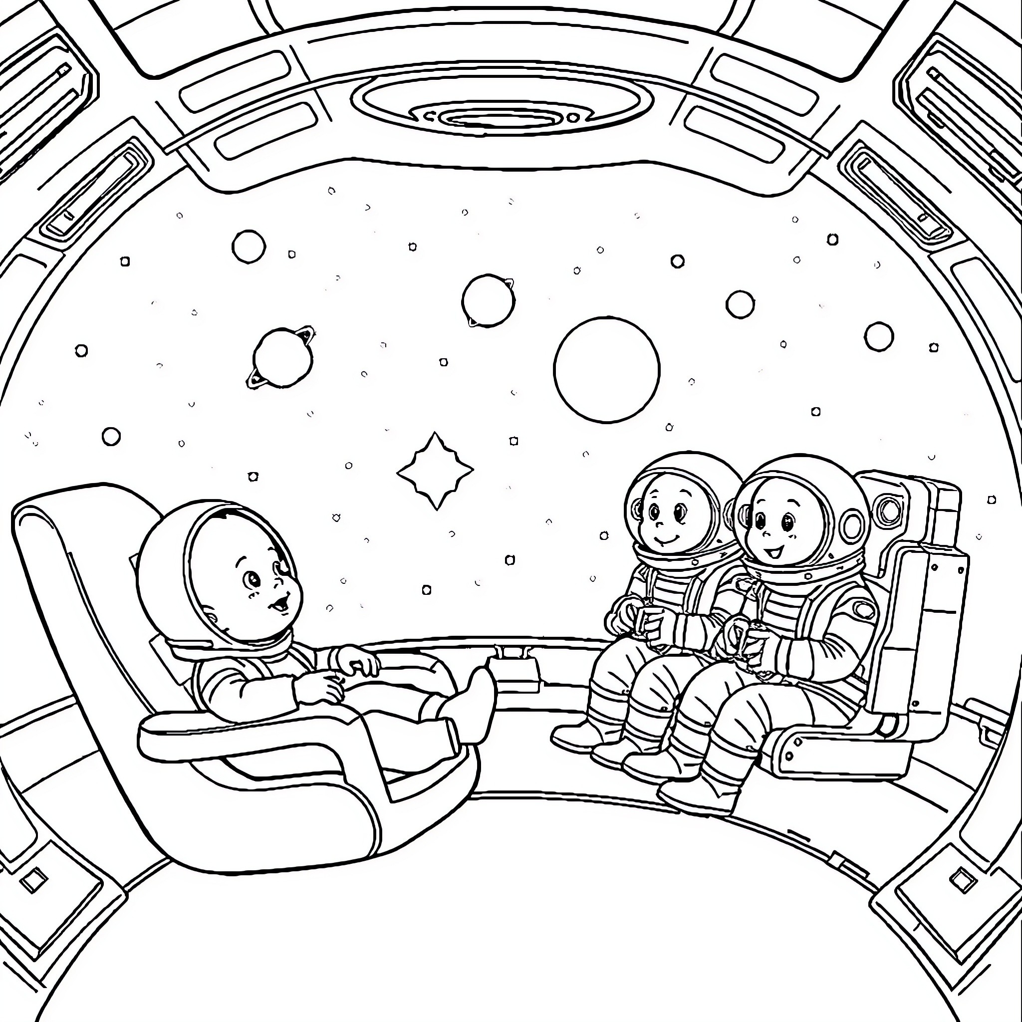 Baby astronauts explore the cosmic wonders Coloring Page (free black-and-white line drawing printable PDF for all, from beginners to advanced learners, including children, teens, adults, and seniors)