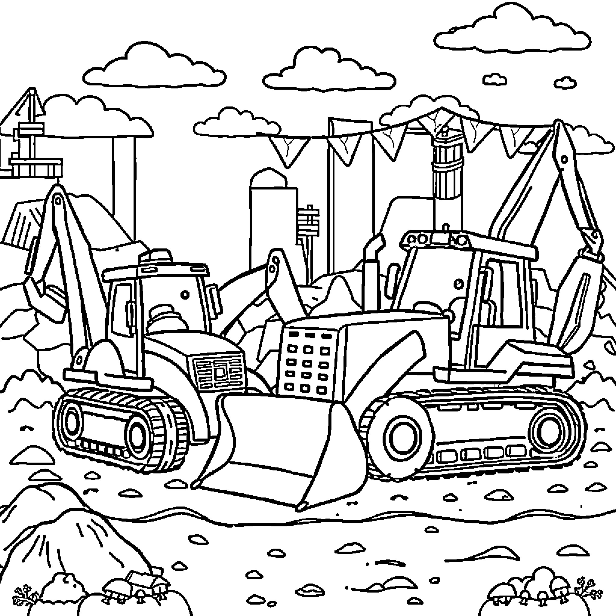 Digger machinery at a construction site Coloring Page (free black-and-white line drawing printable PDF for all, from beginners to advanced learners, including children, teens, adults, and seniors)