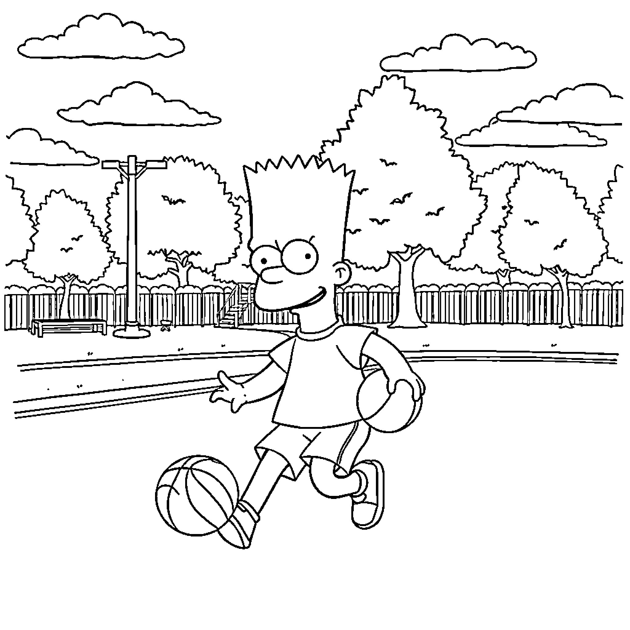 Bart Simpson playing with a ball in the park Coloring Page (free black-and-white line drawing printable PDF for all, from beginners to advanced learners, including children, teens, adults, and seniors)