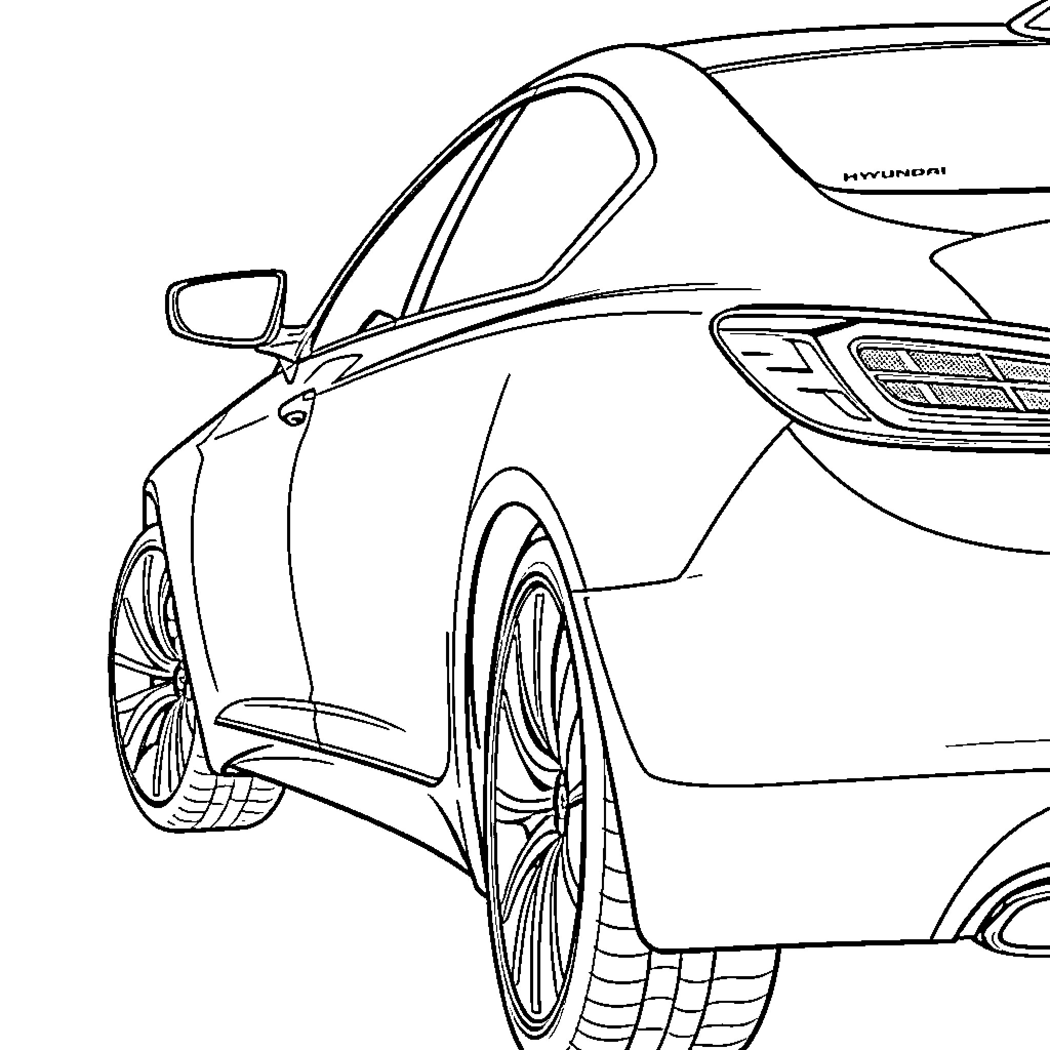Hyundai Genesis sports car with bold design Coloring Page (free black-and-white line drawing printable PDF for all, from beginners to advanced learners, including children, teens, adults, and seniors)