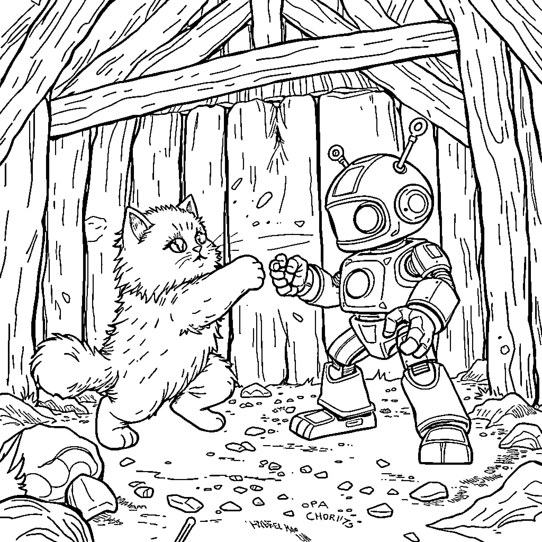 Cat Encounters Curious Robot in Forest Coloring Page (free black-and-white line drawing printable PDF for all, from beginners to advanced learners, including children, teens, adults, and seniors)