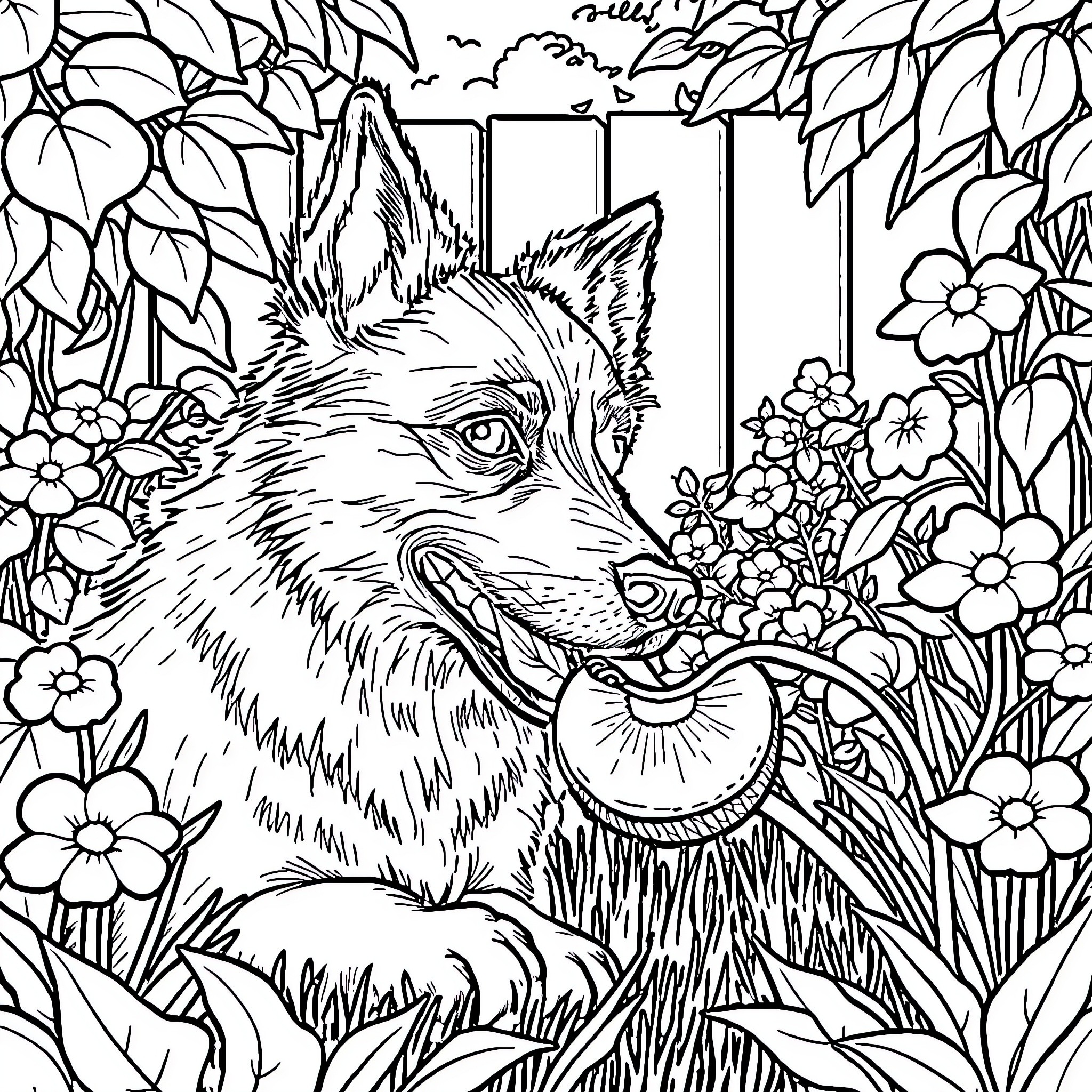 Dog exploring floral garden Coloring Page (free black-and-white line drawing printable PDF for all, from beginners to advanced learners, including children, teens, adults, and seniors)