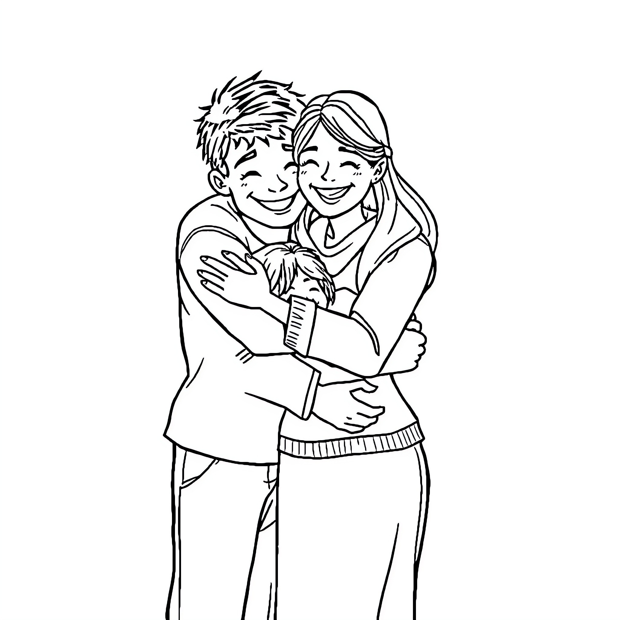 Family embracing with joy and affection Coloring Page (free black-and-white line drawing printable PDF for all, from beginners to advanced learners, including children, teens, adults, and seniors)
