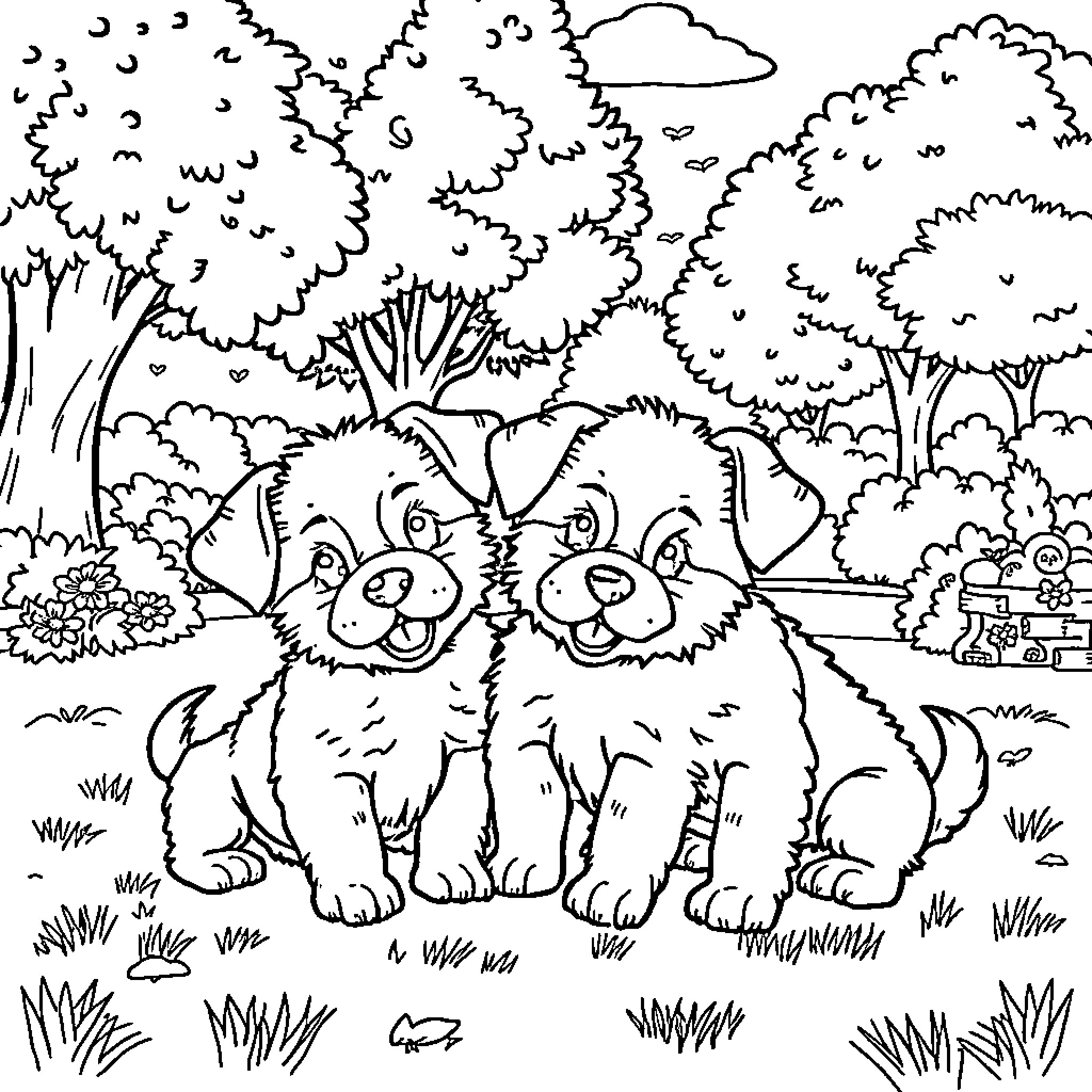 Puppy friends playing in the forest Coloring Page (free black-and-white line drawing printable PDF for all, from beginners to advanced learners, including children, teens, adults, and seniors)