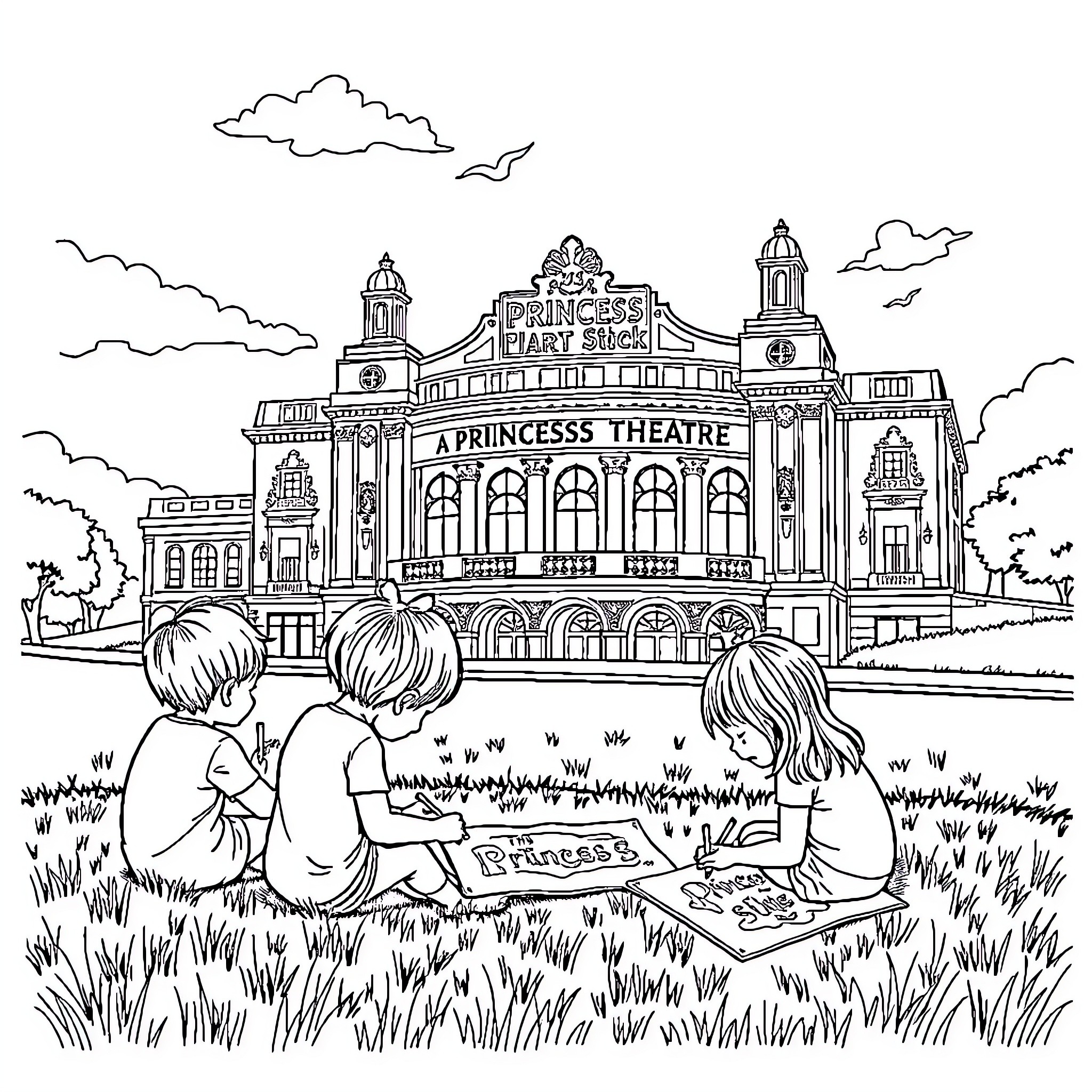 Princess Enjoying an Outdoor Theatre Performance Coloring Page (free black-and-white line drawing printable PDF for all, from beginners to advanced learners, including children, teens, adults, and seniors)