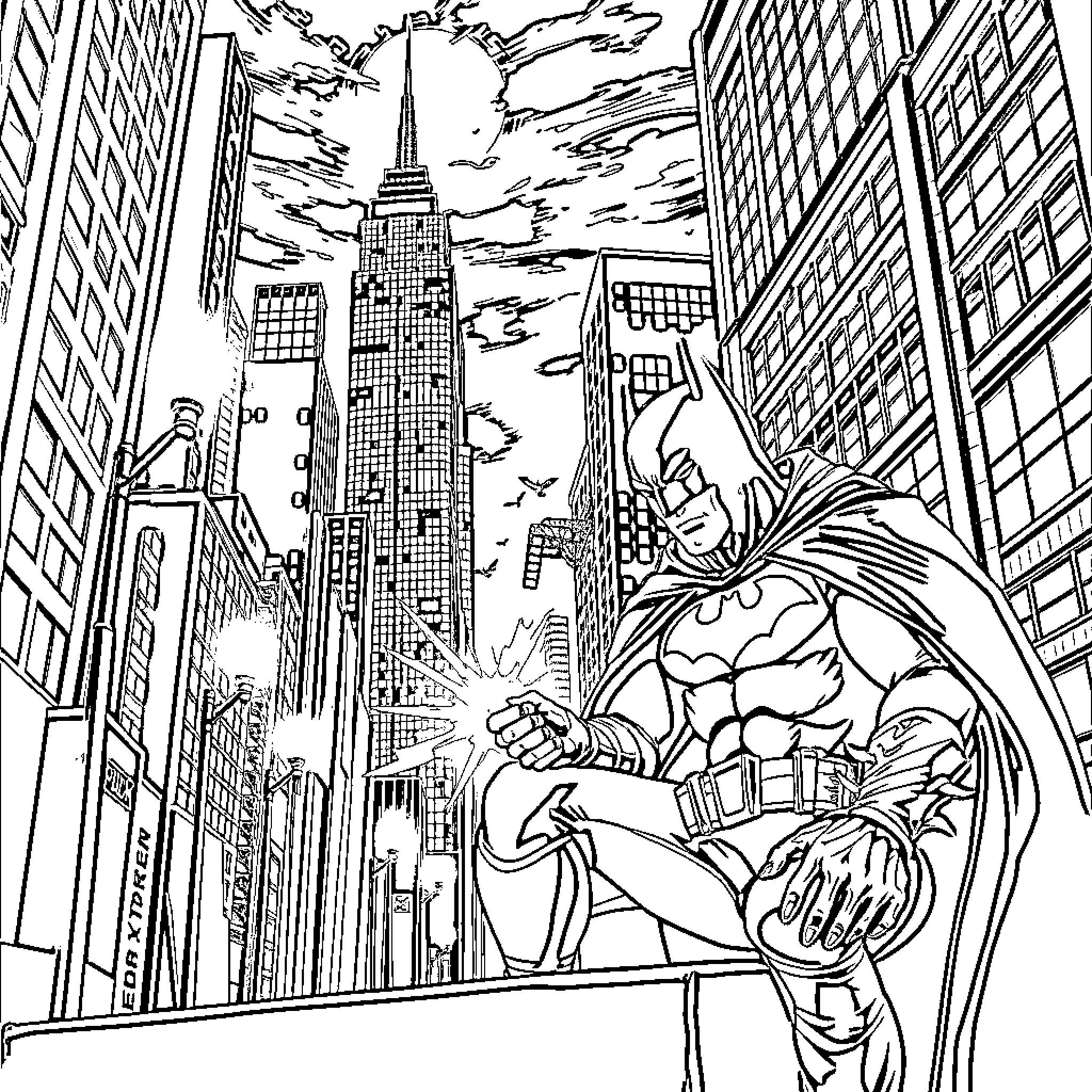 Batman surveying the city skyline at night Coloring Page (free black-and-white line drawing printable PDF for all, from beginners to advanced learners, including children, teens, adults, and seniors)