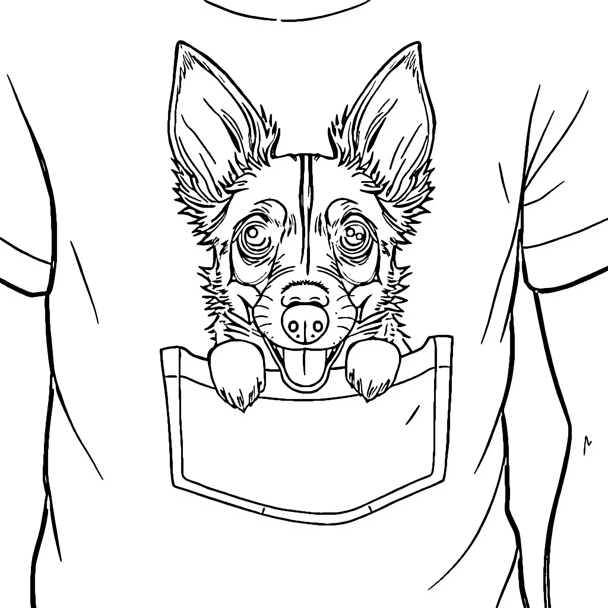 Chilli Heeler peeks out from pocket Coloring Page (free black-and-white line drawing printable PDF for all, from beginners to advanced learners, including children, teens, adults, and seniors)