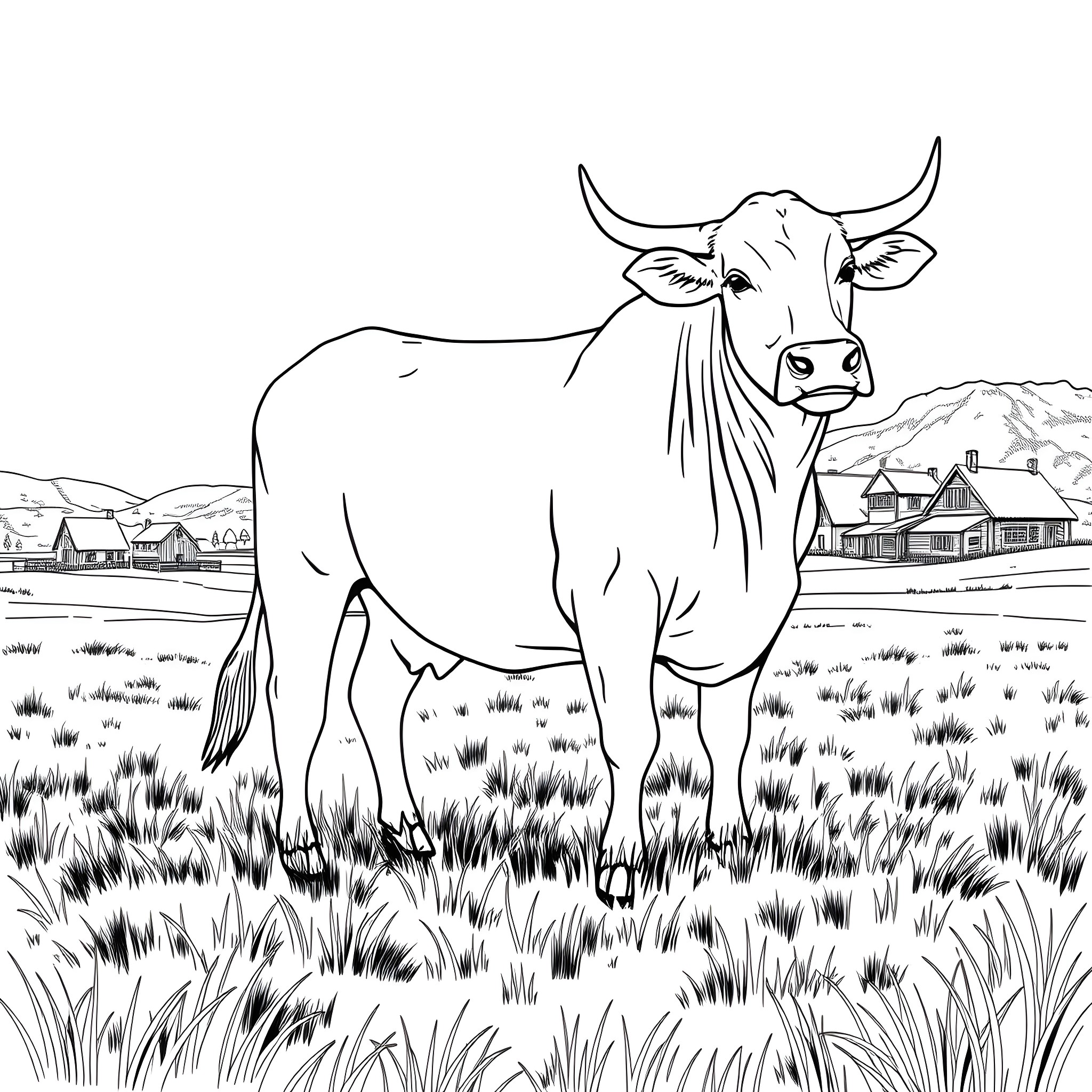 Cow standing in a rural landscape Coloring Page (free black-and-white line drawing printable PDF for all, from beginners to advanced learners, including children, teens, adults, and seniors)