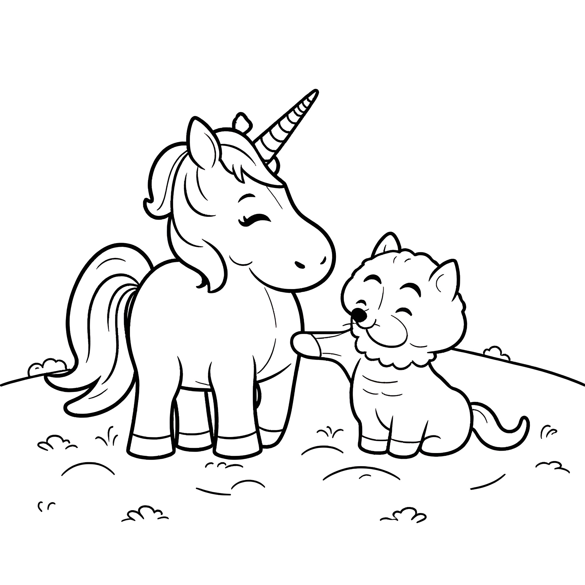 Unicorn meeting a friendly cat in the meadow Coloring Page (free black-and-white line drawing printable PDF for all, from beginners to advanced learners, including children, teens, adults, and seniors)