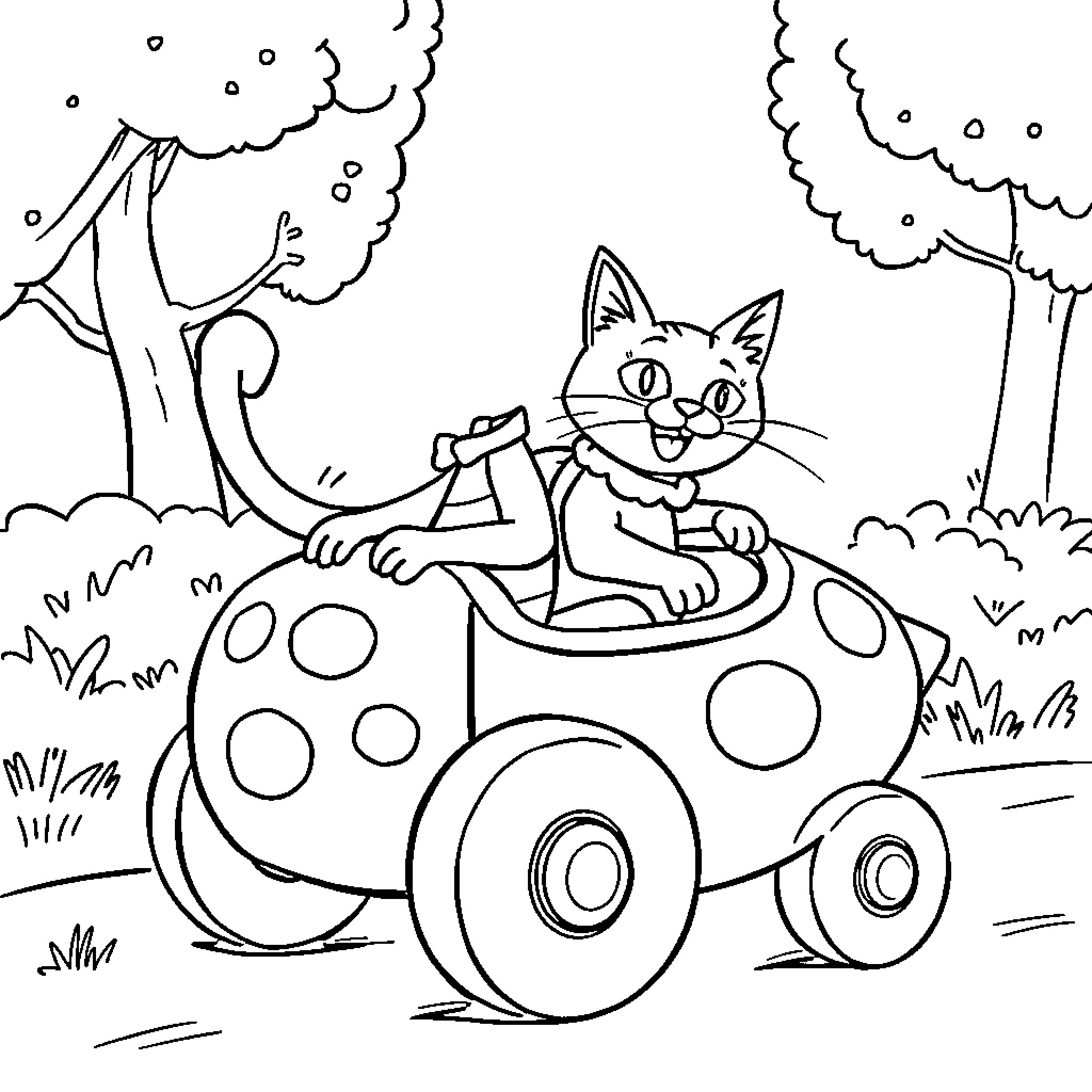 Mr. Penut's Whimsical Ride in the Forest Coloring Page (free black-and-white line drawing printable PDF for all, from beginners to advanced learners, including children, teens, adults, and seniors)