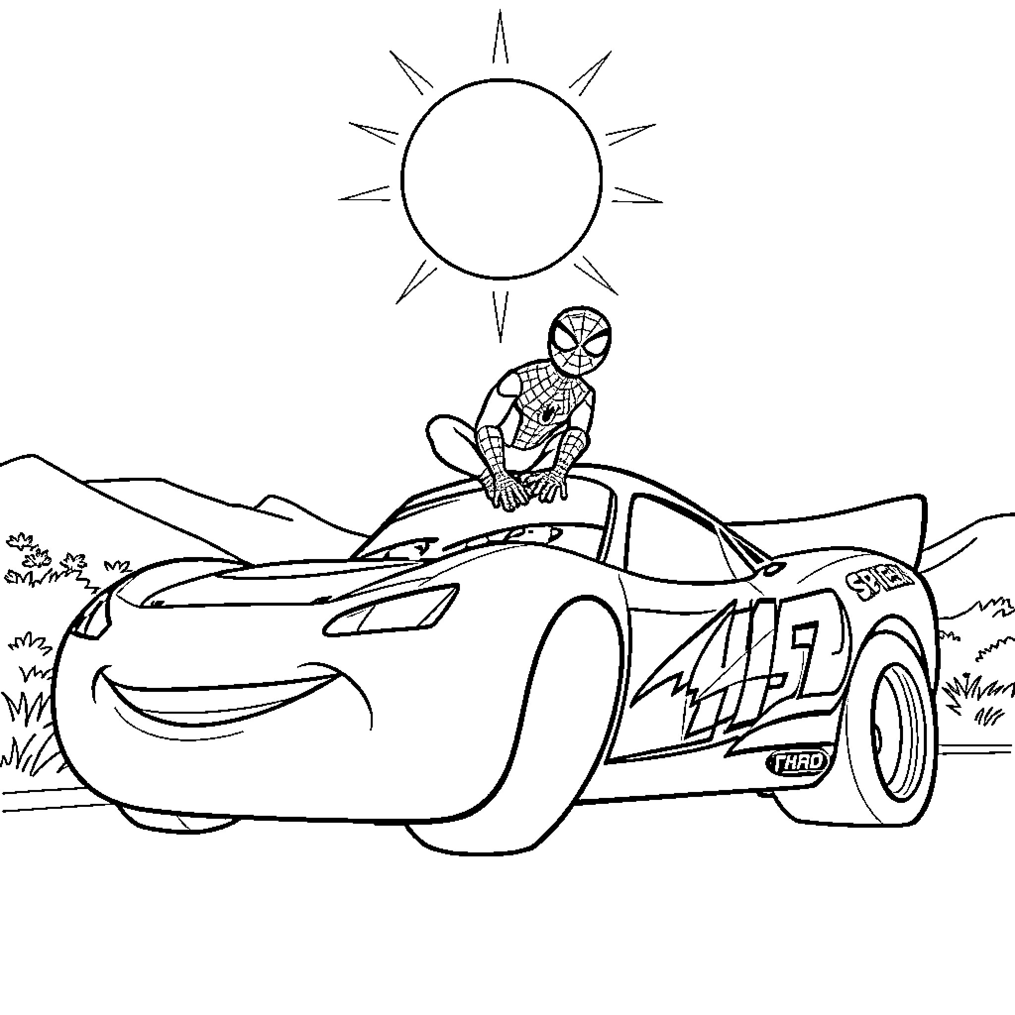 Spiderman hitching a ride on a racing car Coloring Page (free black-and-white line drawing printable PDF for all, from beginners to advanced learners, including children, teens, adults, and seniors)