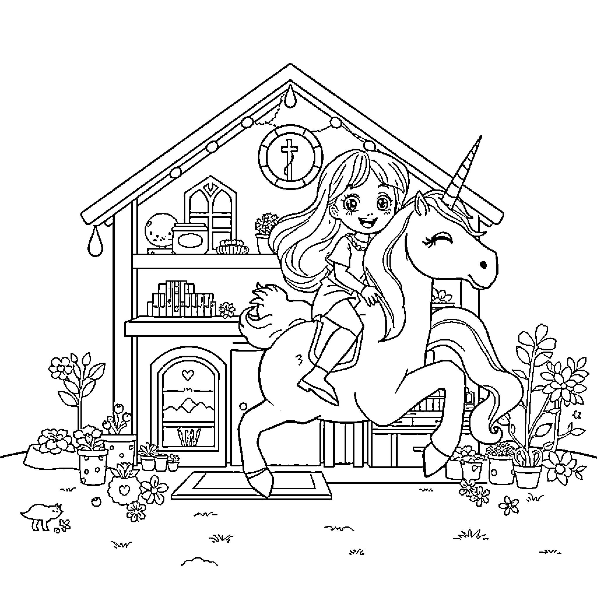 Dollhouse with Joyful Girl and Unicorn Coloring Page (free black-and-white line drawing printable PDF for all, from beginners to advanced learners, including children, teens, adults, and seniors)