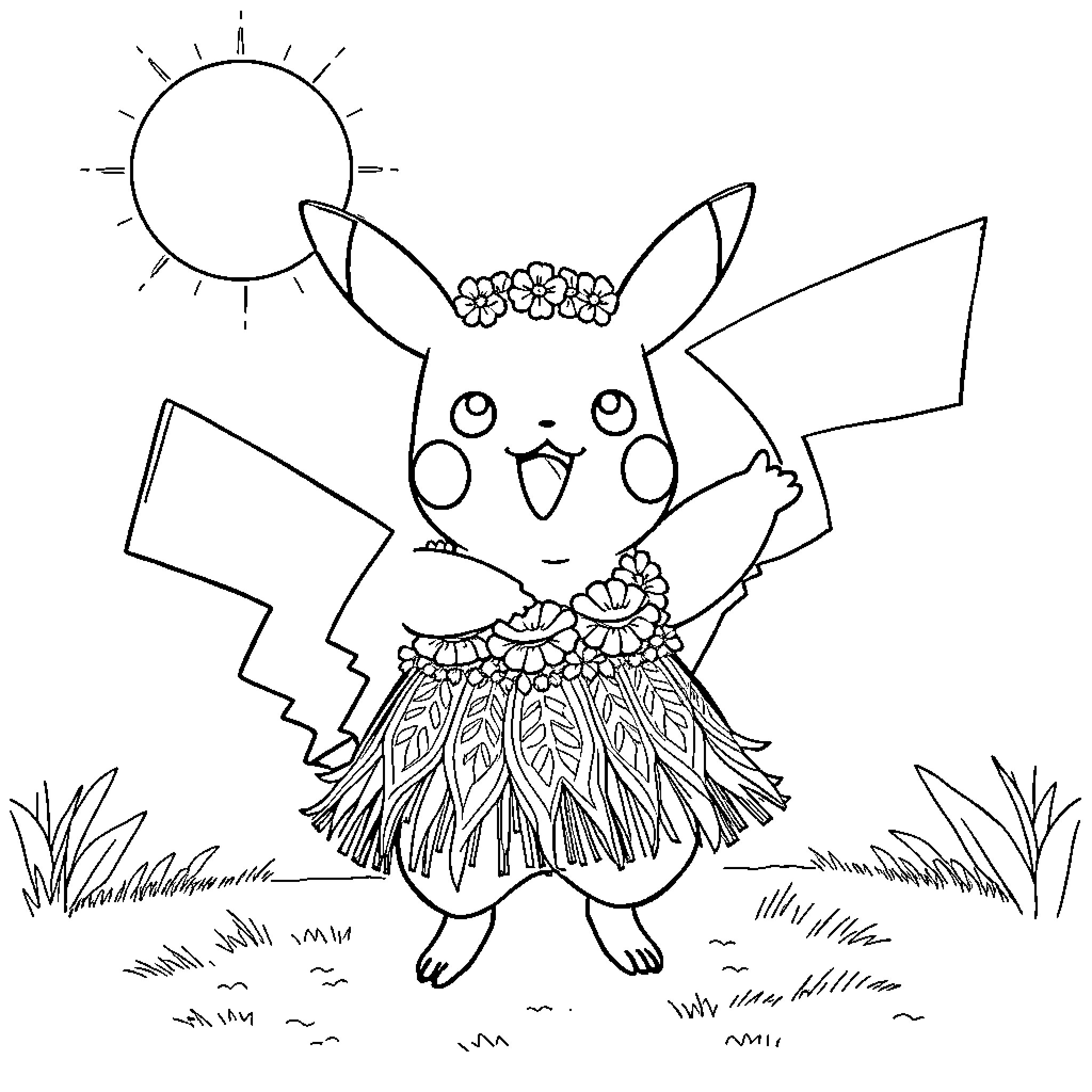 Pikachu dressed in floral outfit enjoying nature Coloring Page (free black-and-white line drawing printable PDF for all, from beginners to advanced learners, including children, teens, adults, and seniors)
