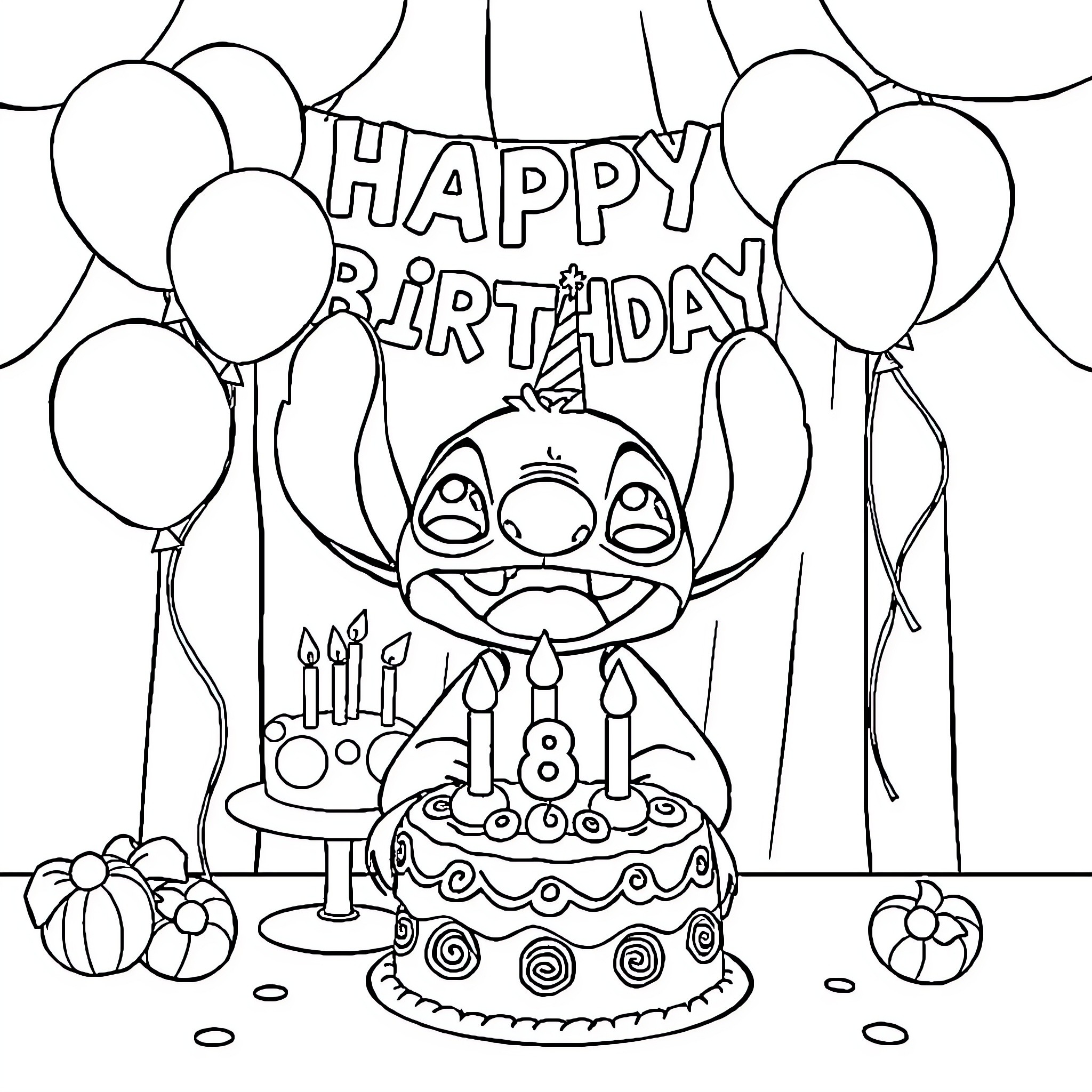 Stitch celebrates a happy birthday with balloons and cake Coloring Page (free black-and-white line drawing printable PDF for all, from beginners to advanced learners, including children, teens, adults, and seniors)