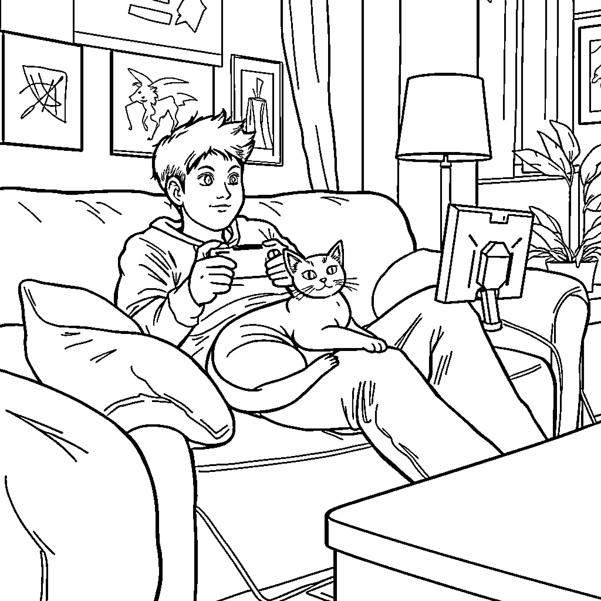 Cat and Boy Relaxing at Home Coloring Page (free black-and-white line drawing printable PDF for all, from beginners to advanced learners, including children, teens, adults, and seniors)