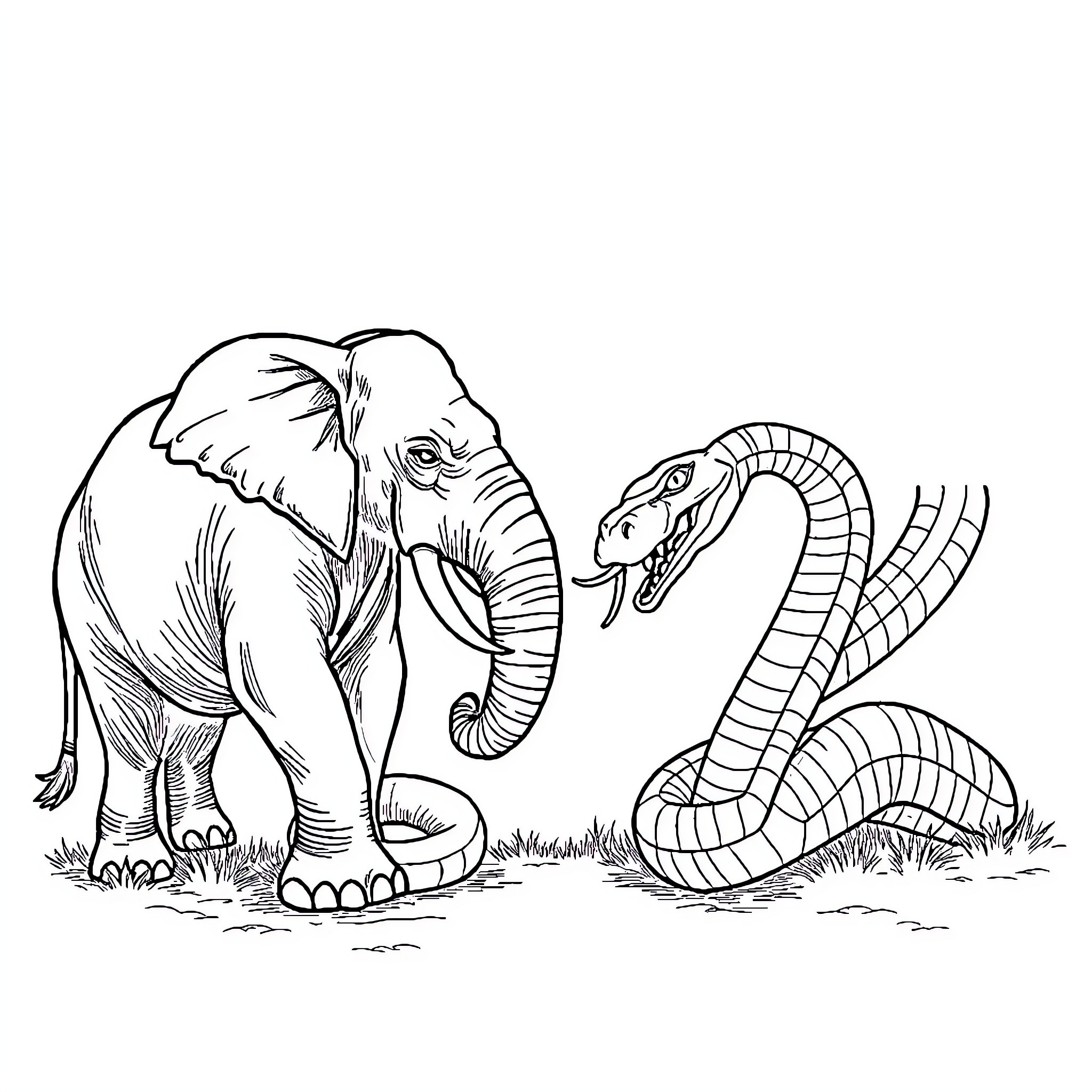 Elephant vs Snake Confrontation in the Wild Coloring Page (free black-and-white line drawing printable PDF for all, from beginners to advanced learners, including children, teens, adults, and seniors)