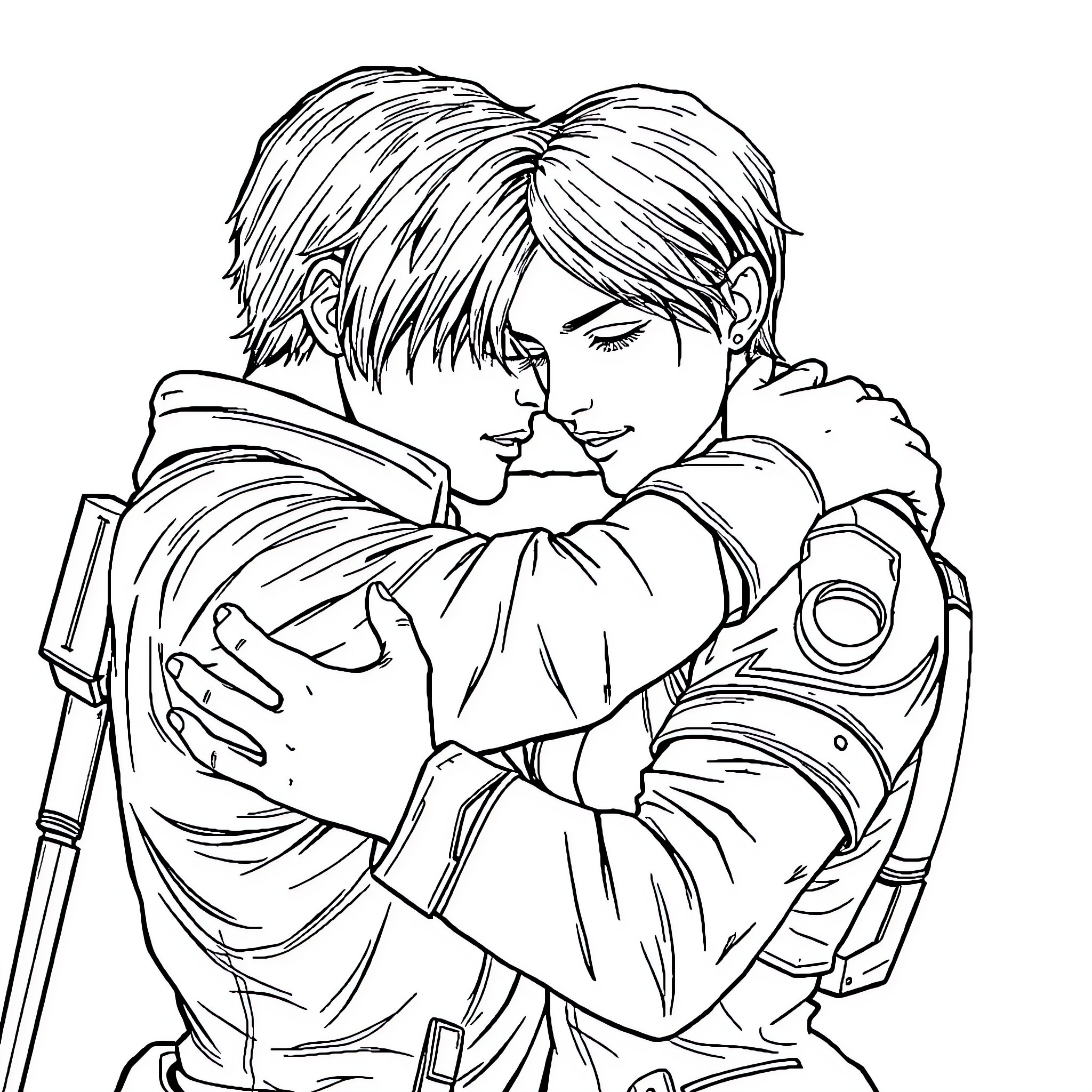 Leon's tender embrace with a close friend Coloring Page (free black-and-white line drawing printable PDF for all, from beginners to advanced learners, including children, teens, adults, and seniors)