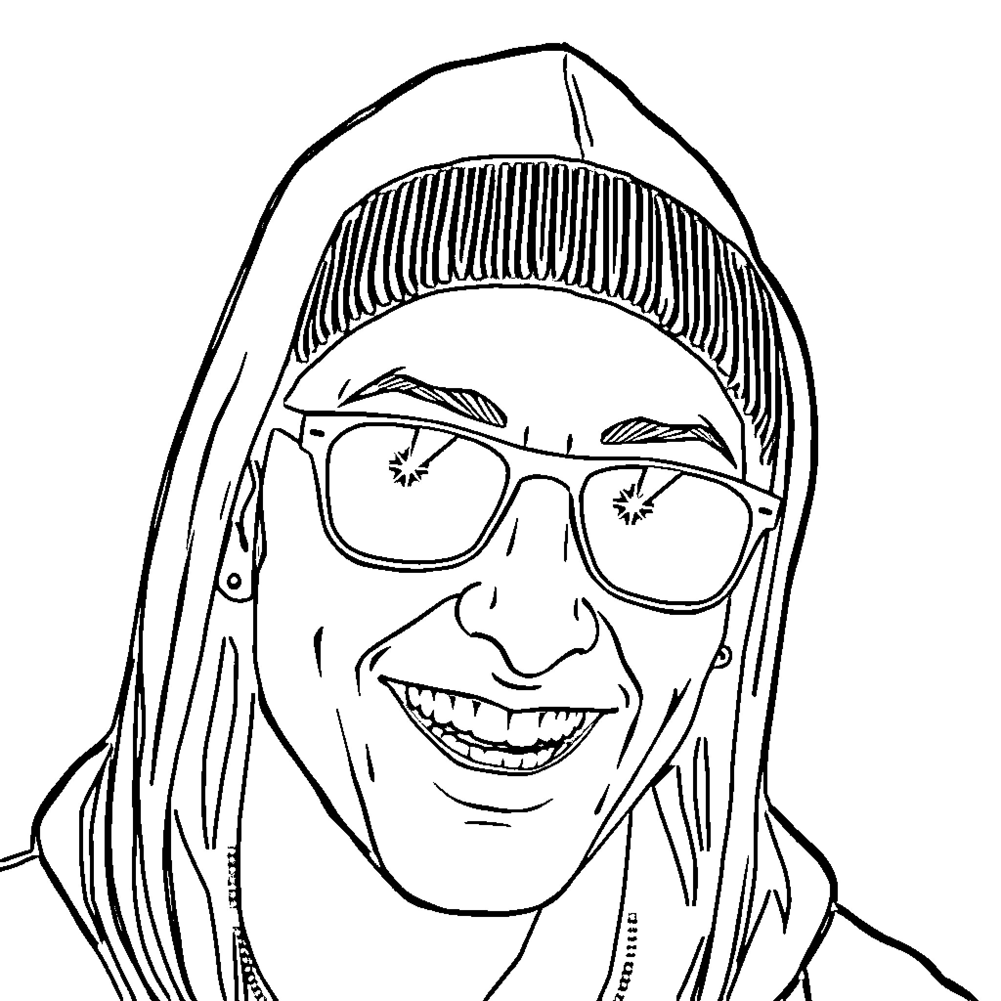 Eminem Sporting a Signature Look and Grinning Joyfully Coloring Page (free black-and-white line drawing printable PDF for all, from beginners to advanced learners, including children, teens, adults, and seniors)