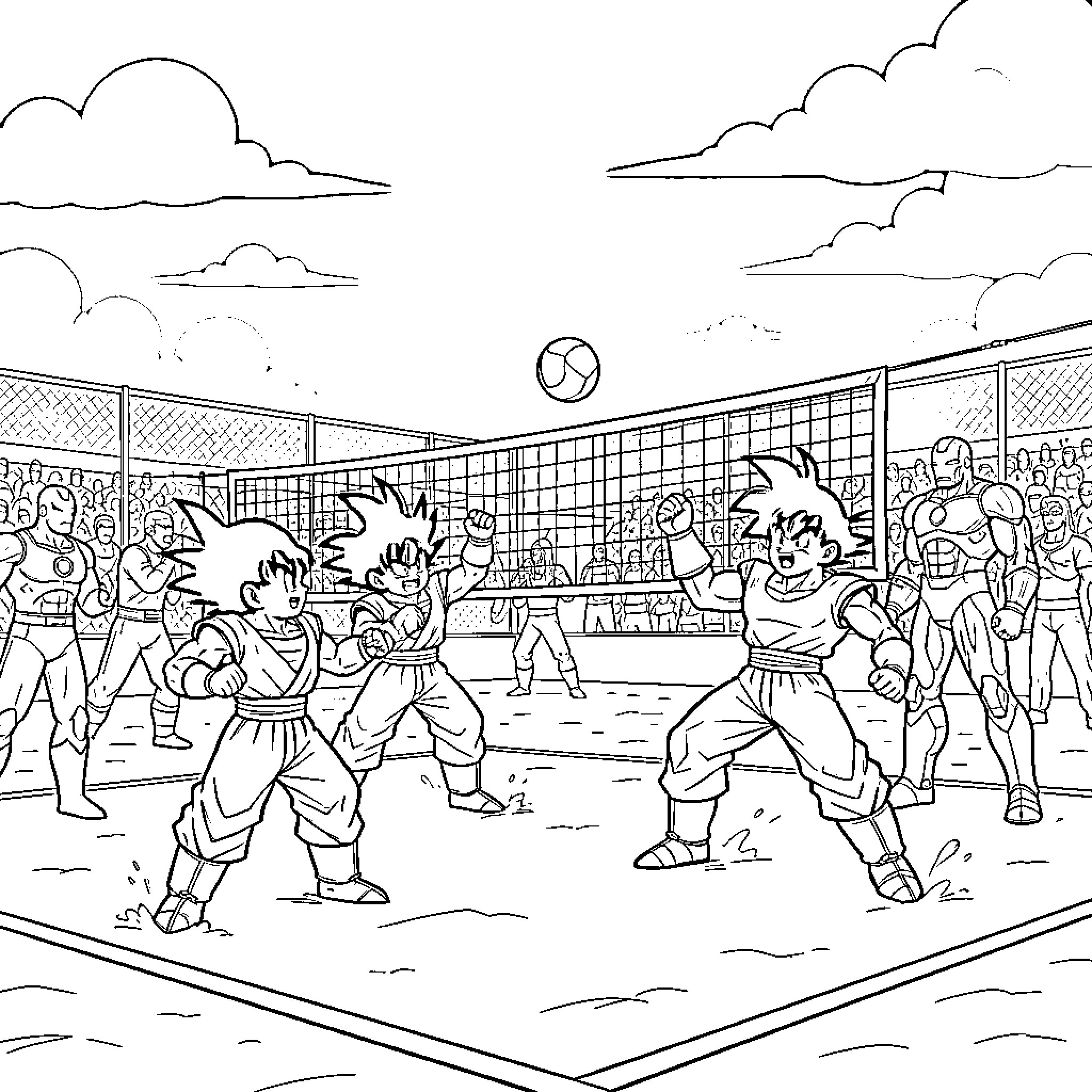 Dragon Ball Volleyball Tournament Among Friends Coloring Page (free black-and-white line drawing printable PDF for all, from beginners to advanced learners, including children, teens, adults, and seniors)