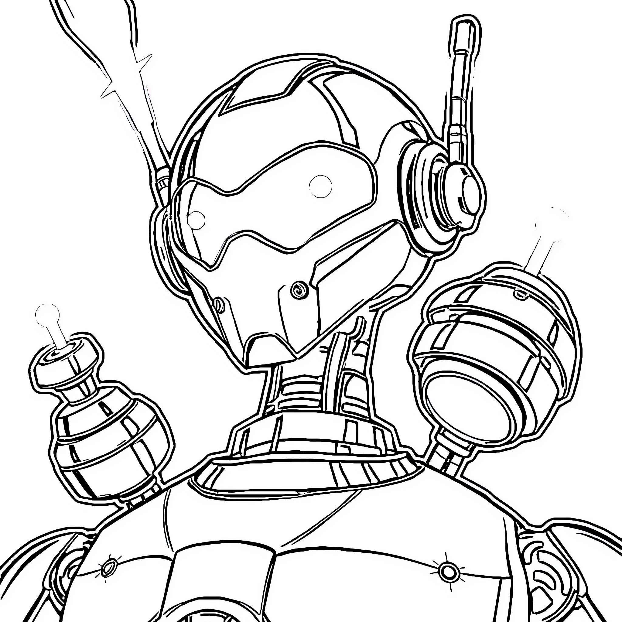 Robot with Unique Helmet and Accessories Coloring Page (free black-and-white line drawing printable PDF for all, from beginners to advanced learners, including children, teens, adults, and seniors)