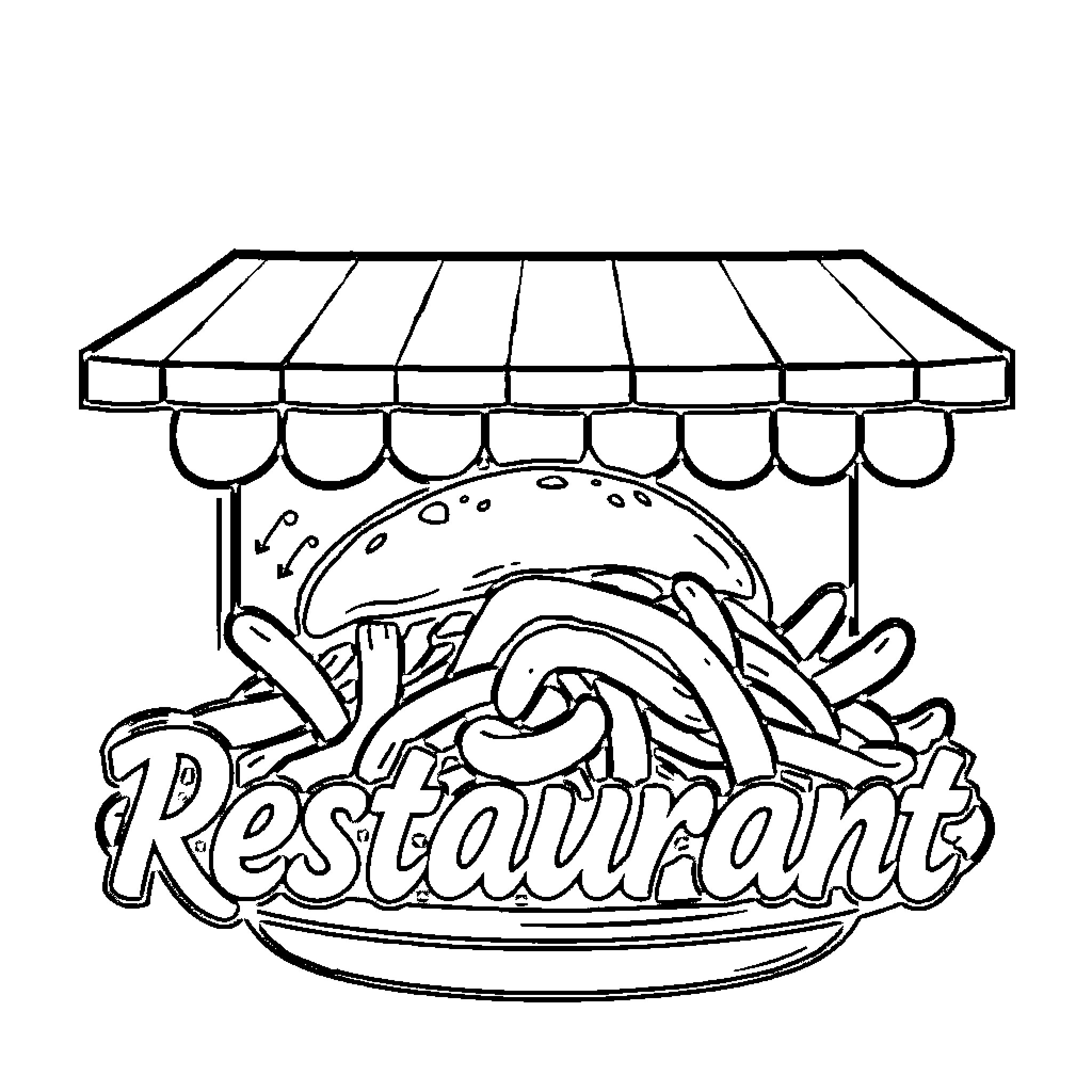 Restaurant Logo with Food Items Coloring Page (free black-and-white line drawing printable PDF for all, from beginners to advanced learners, including children, teens, adults, and seniors)