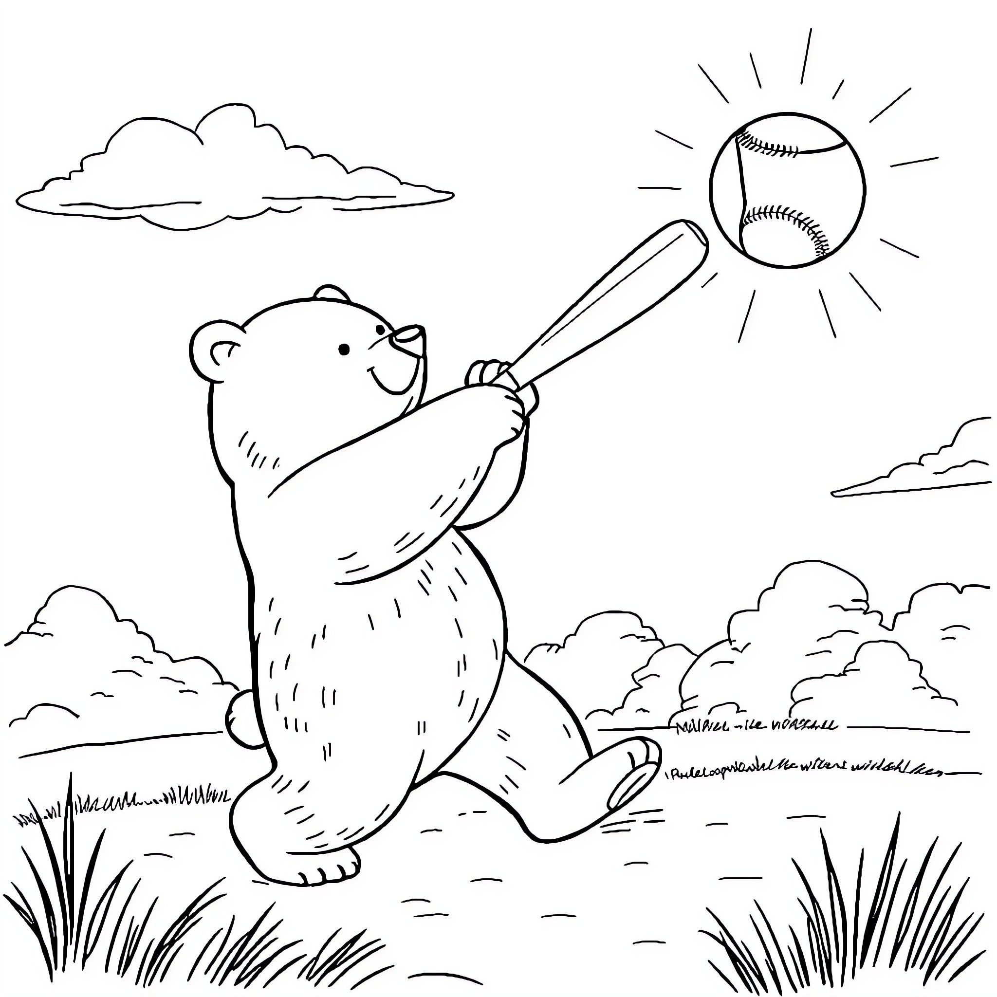 Polar Bear Playing Baseball in the Sunny Field Coloring Page (free black-and-white line drawing printable PDF for all, from beginners to advanced learners, including children, teens, adults, and seniors)
