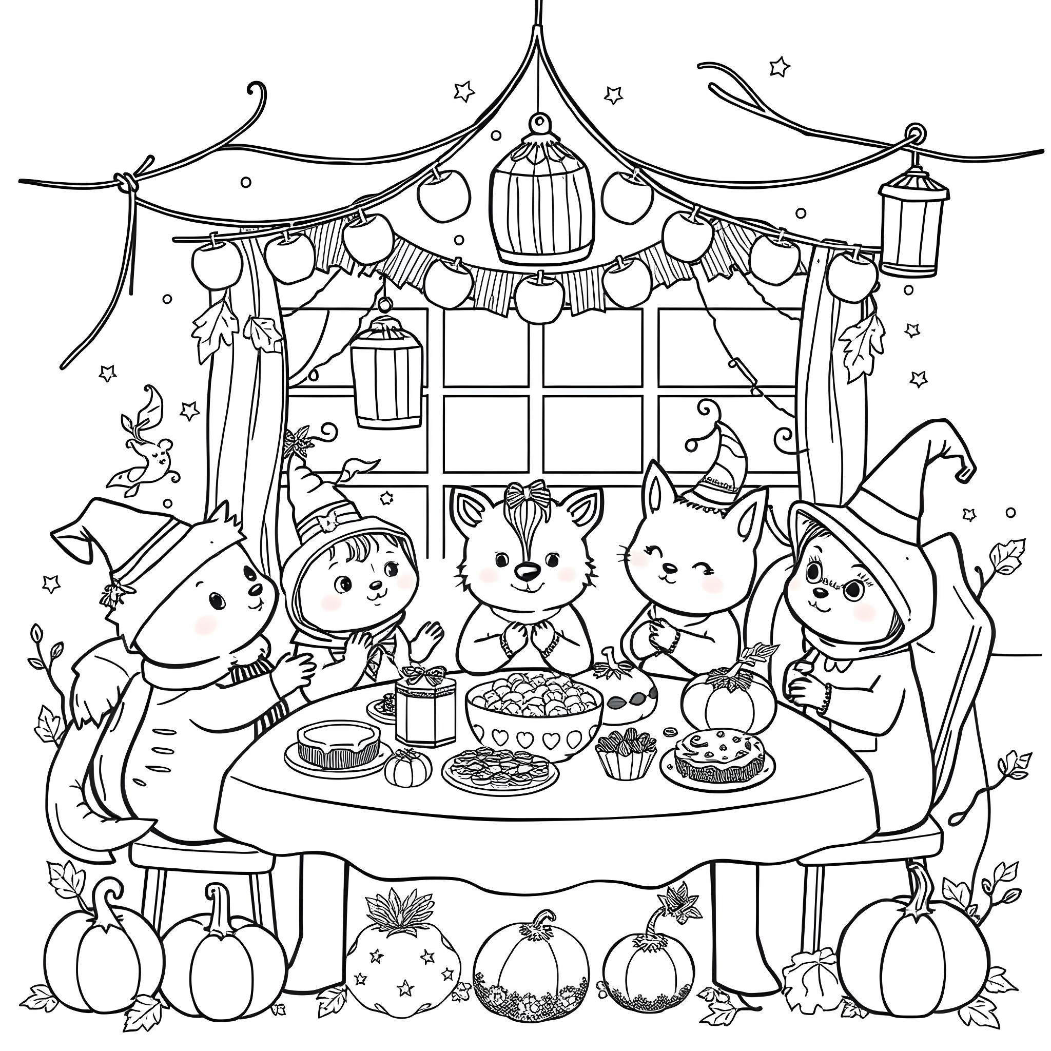 Animal friends having a cozy harvest party Coloring Page (free black-and-white line drawing printable PDF for all, from beginners to advanced learners, including children, teens, adults, and seniors)