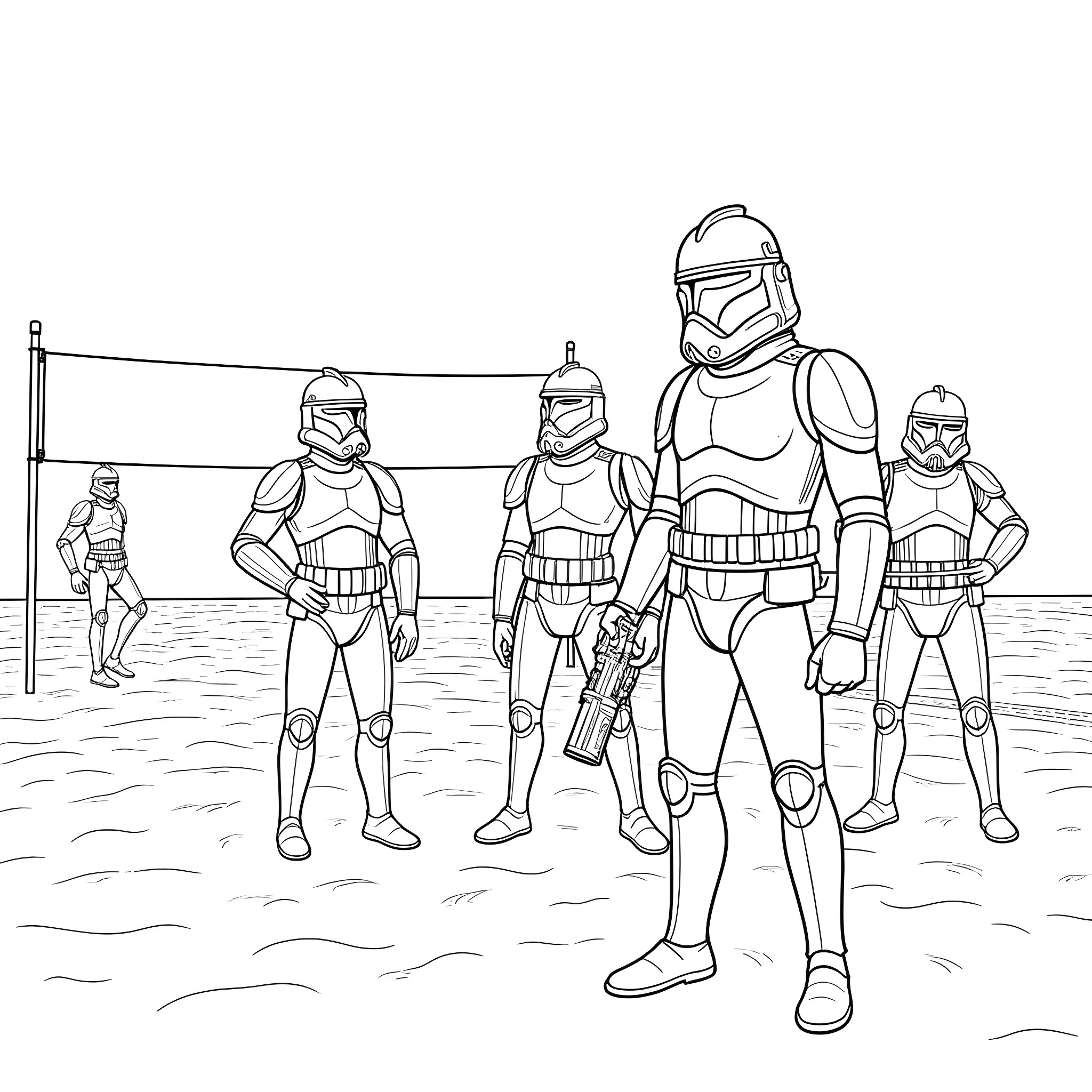 Clone Troopers on Patrol in Battlefield Coloring Page (free black-and-white line drawing printable PDF for all, from beginners to advanced learners, including children, teens, adults, and seniors)