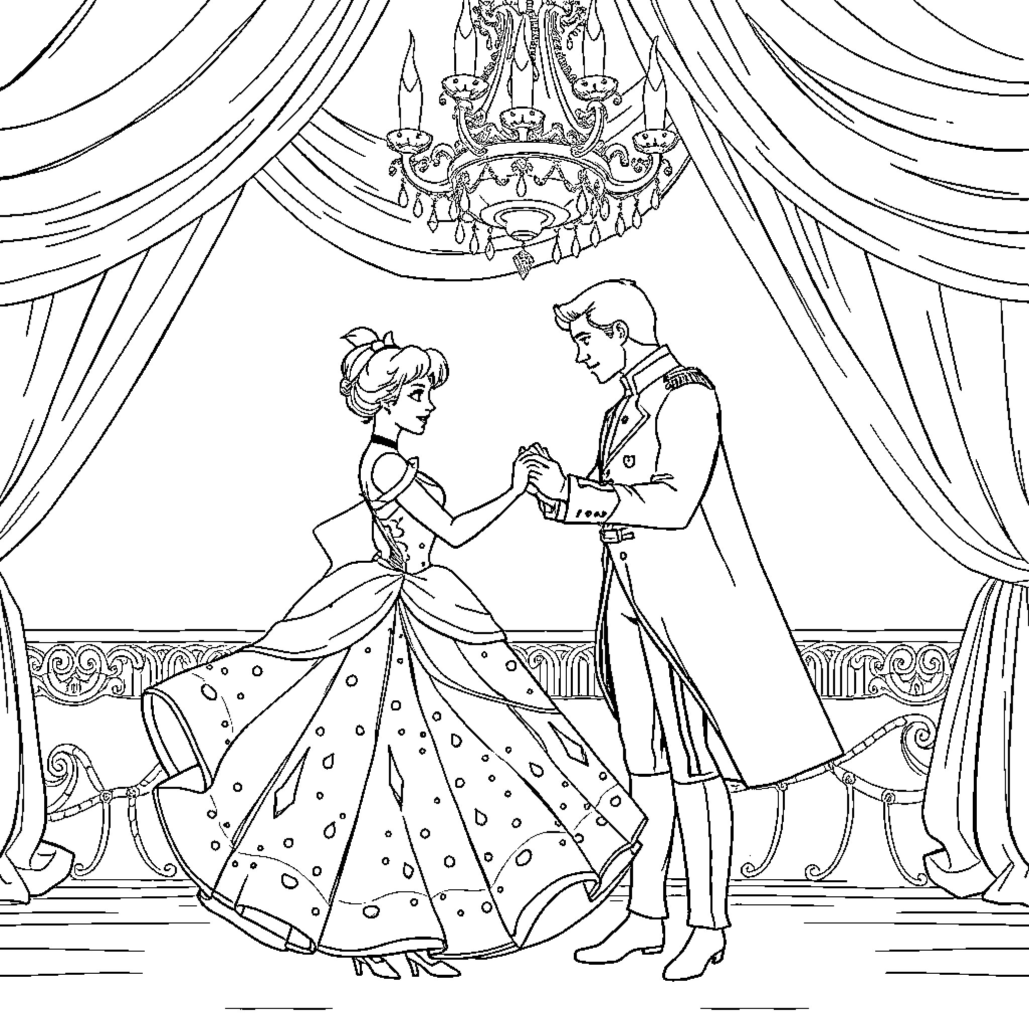 Cinderella and Prince Charming dancing at the ball Coloring Page (free black-and-white line drawing printable PDF for all, from beginners to advanced learners, including children, teens, adults, and seniors)
