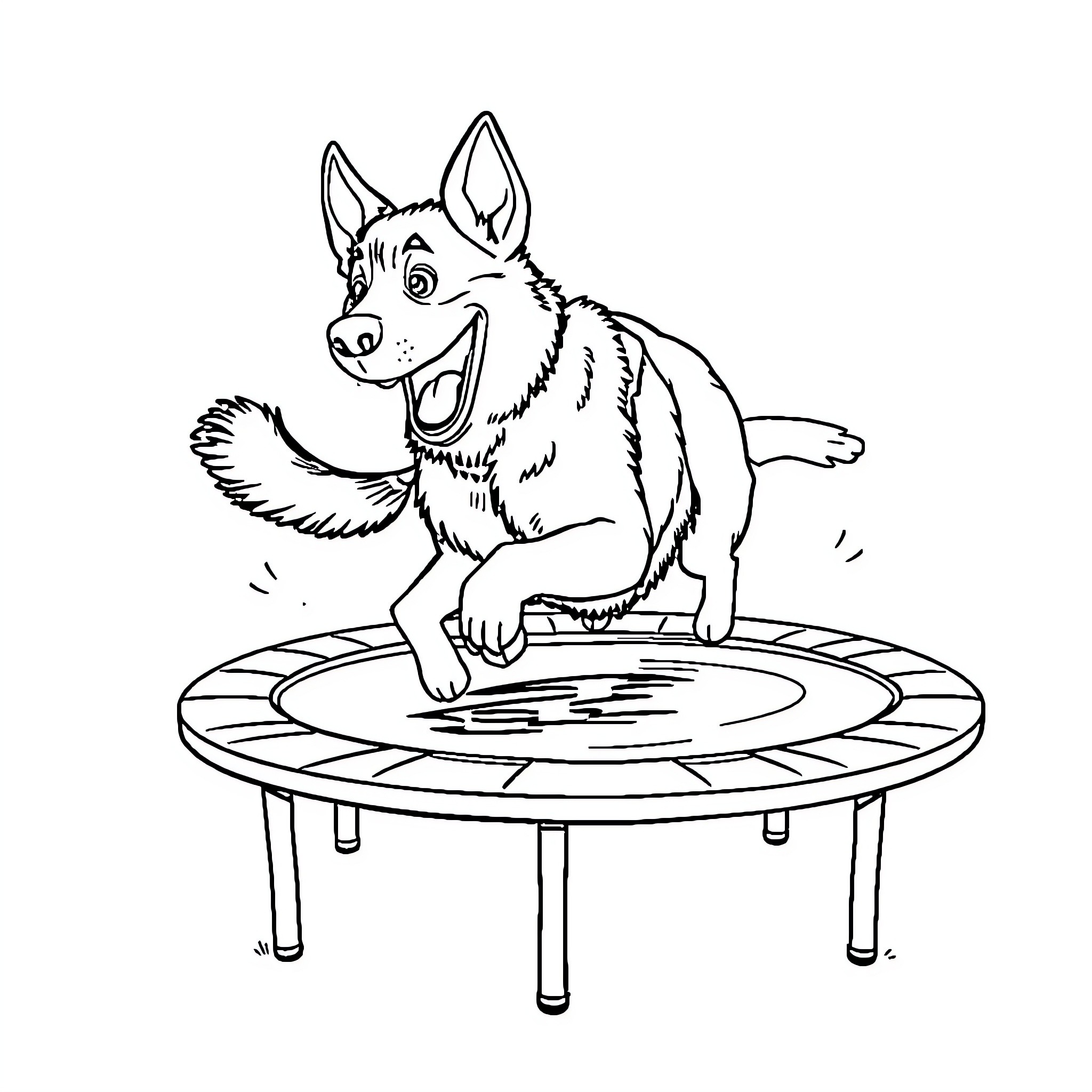 German Shepherd playing on trampoline Coloring Page (free black-and-white line drawing printable PDF for all, from beginners to advanced learners, including children, teens, adults, and seniors)