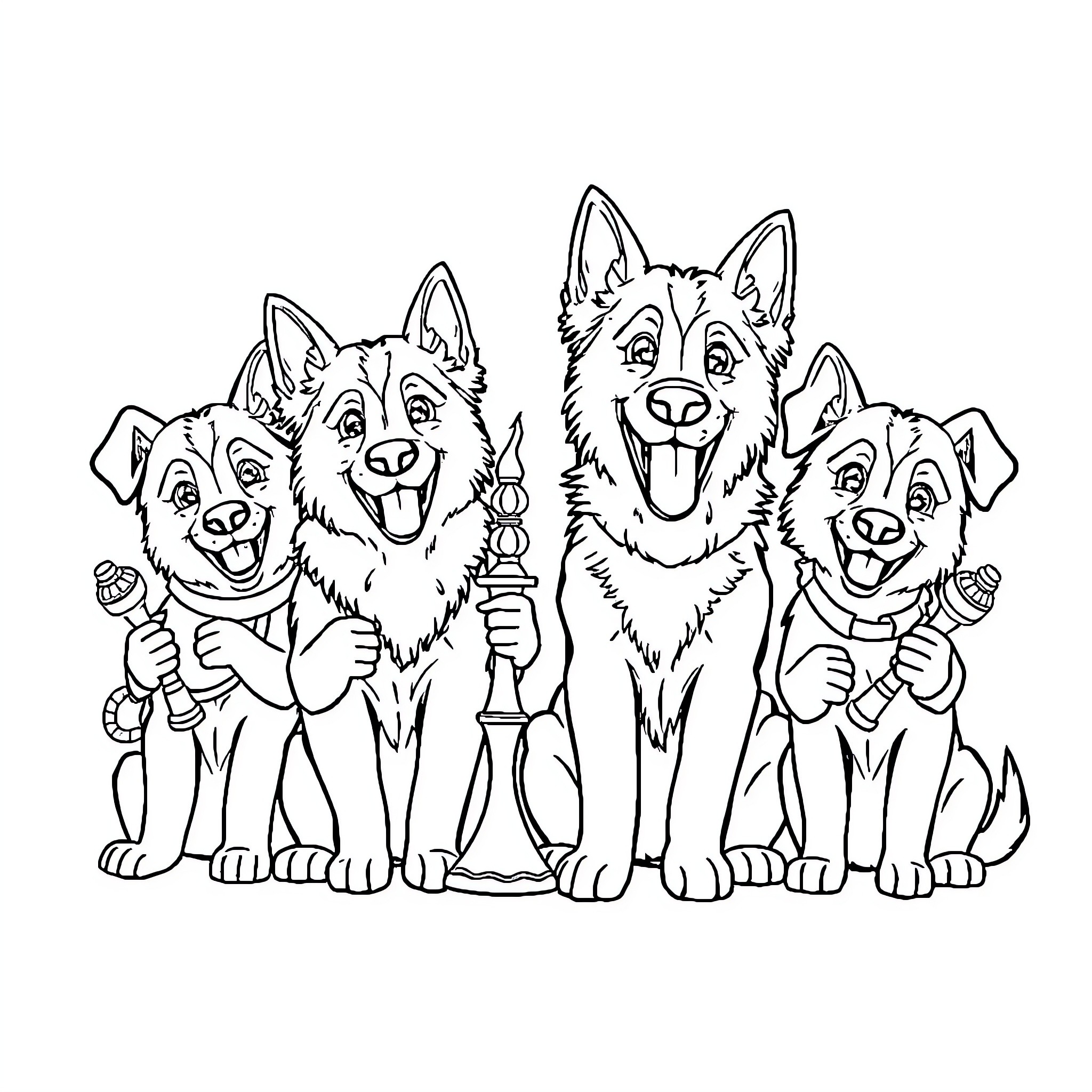 Dog Family Posing Together Happily Coloring Page (free black-and-white line drawing printable PDF for all, from beginners to advanced learners, including children, teens, adults, and seniors)