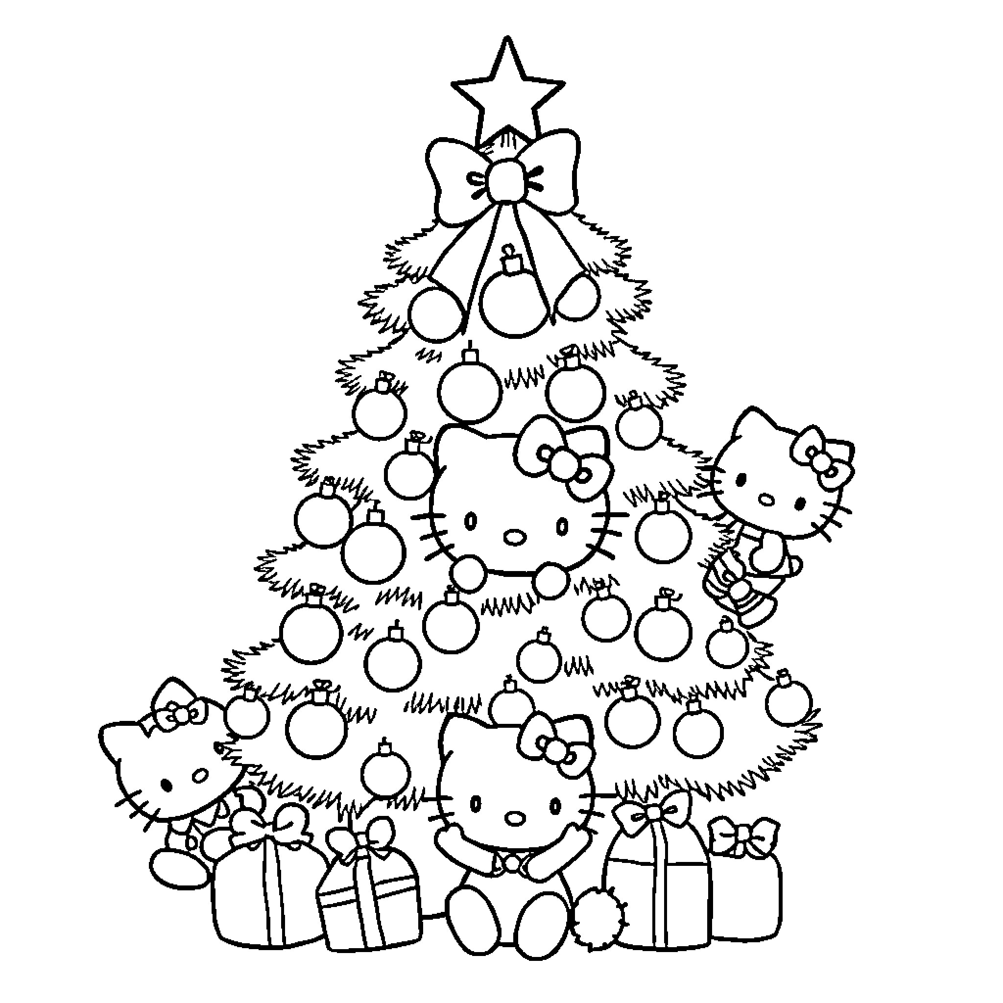 Christmas Tree with Adorable Kitty Decorations Coloring Page (free black-and-white line drawing printable PDF for all, from beginners to advanced learners, including children, teens, adults, and seniors)