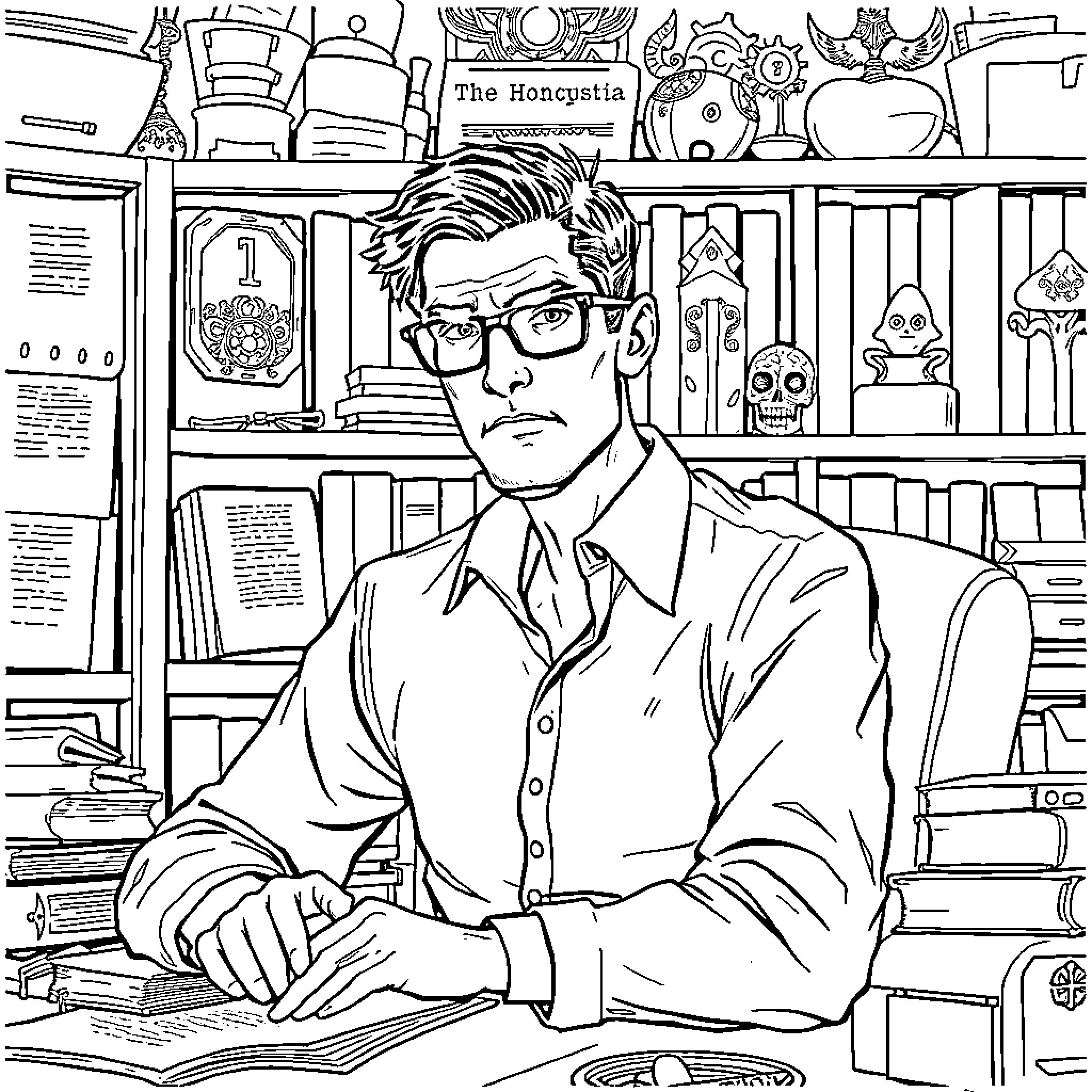 Jonathan Sims sitting in his study surrounded by books Coloring Page (free black-and-white line drawing printable PDF for all, from beginners to advanced learners, including children, teens, adults, and seniors)