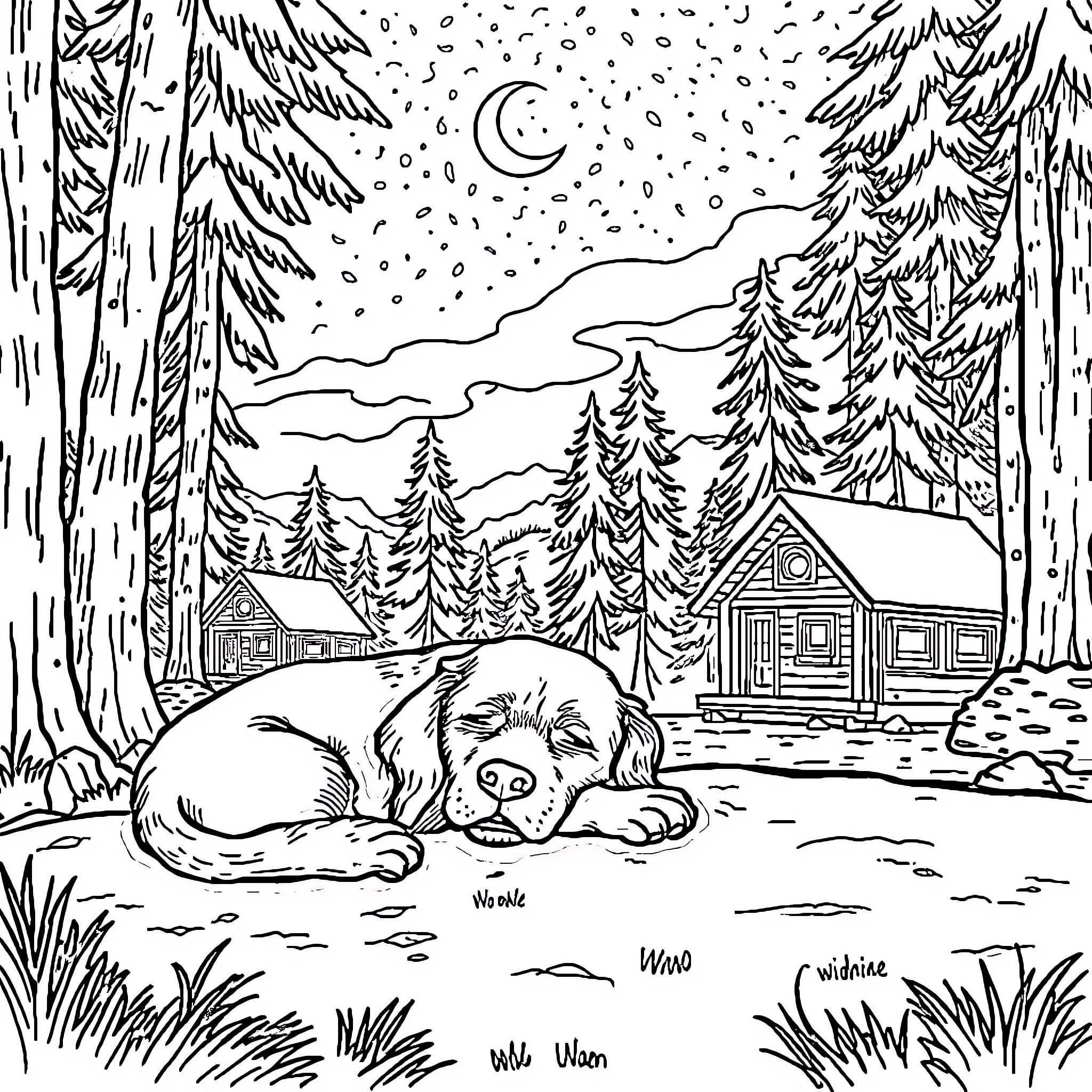 Golden Retriever resting in snowy forest landscape Coloring Page (free black-and-white line drawing printable PDF for all, from beginners to advanced learners, including children, teens, adults, and seniors)
