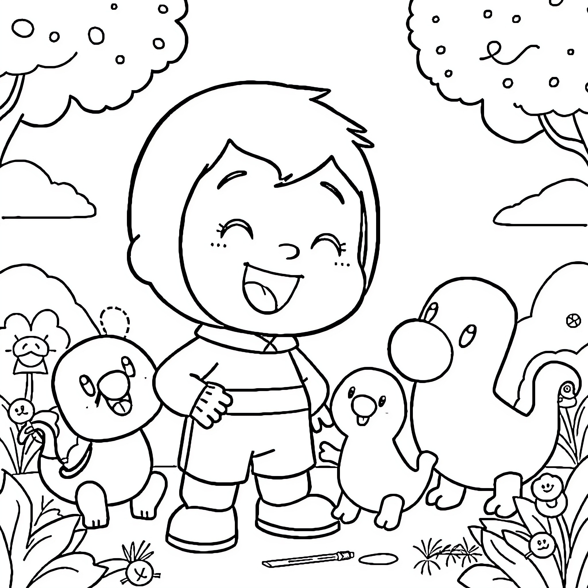 Pocoyo having fun with friends in the outdoors Coloring Page (free black-and-white line drawing printable PDF for all, from beginners to advanced learners, including children, teens, adults, and seniors)