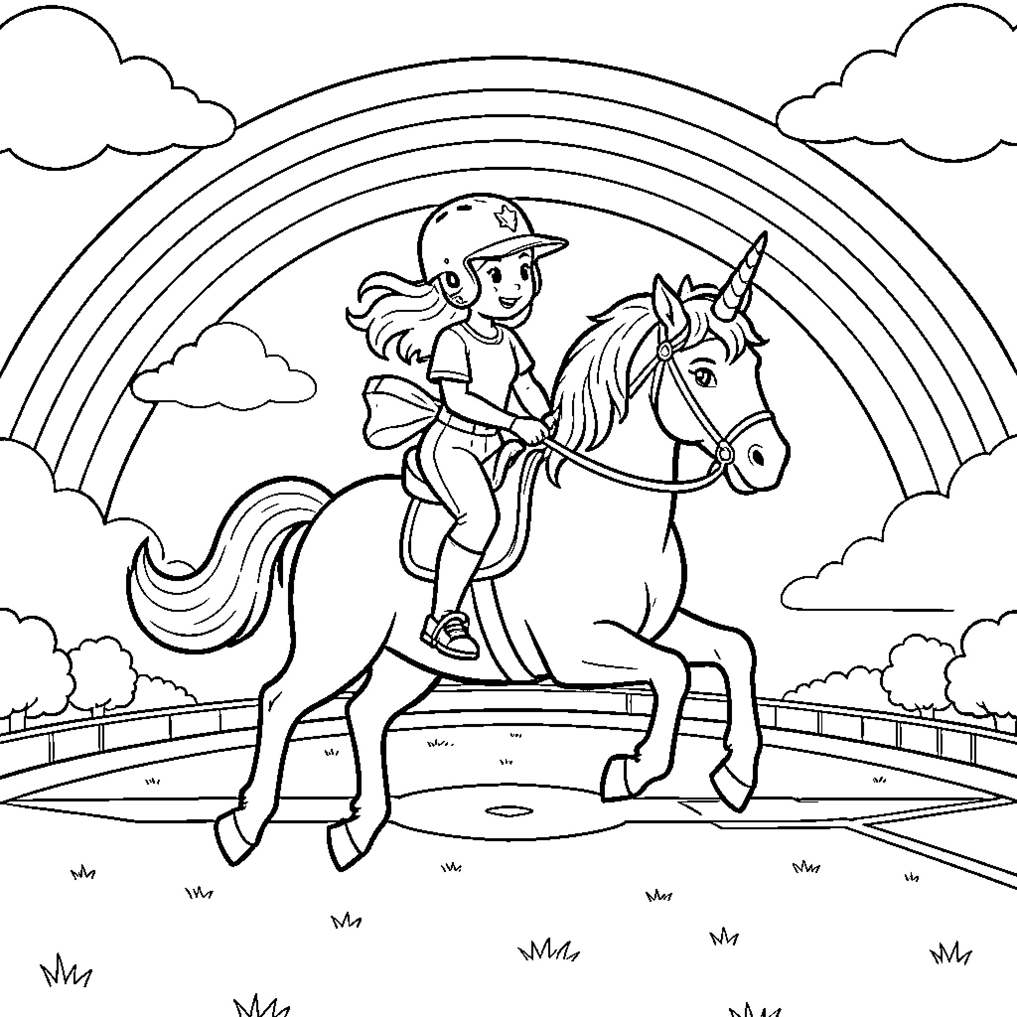 Princess on a Magical Unicorn Adventure Coloring Page (free black-and-white line drawing printable PDF for all, from beginners to advanced learners, including children, teens, adults, and seniors)