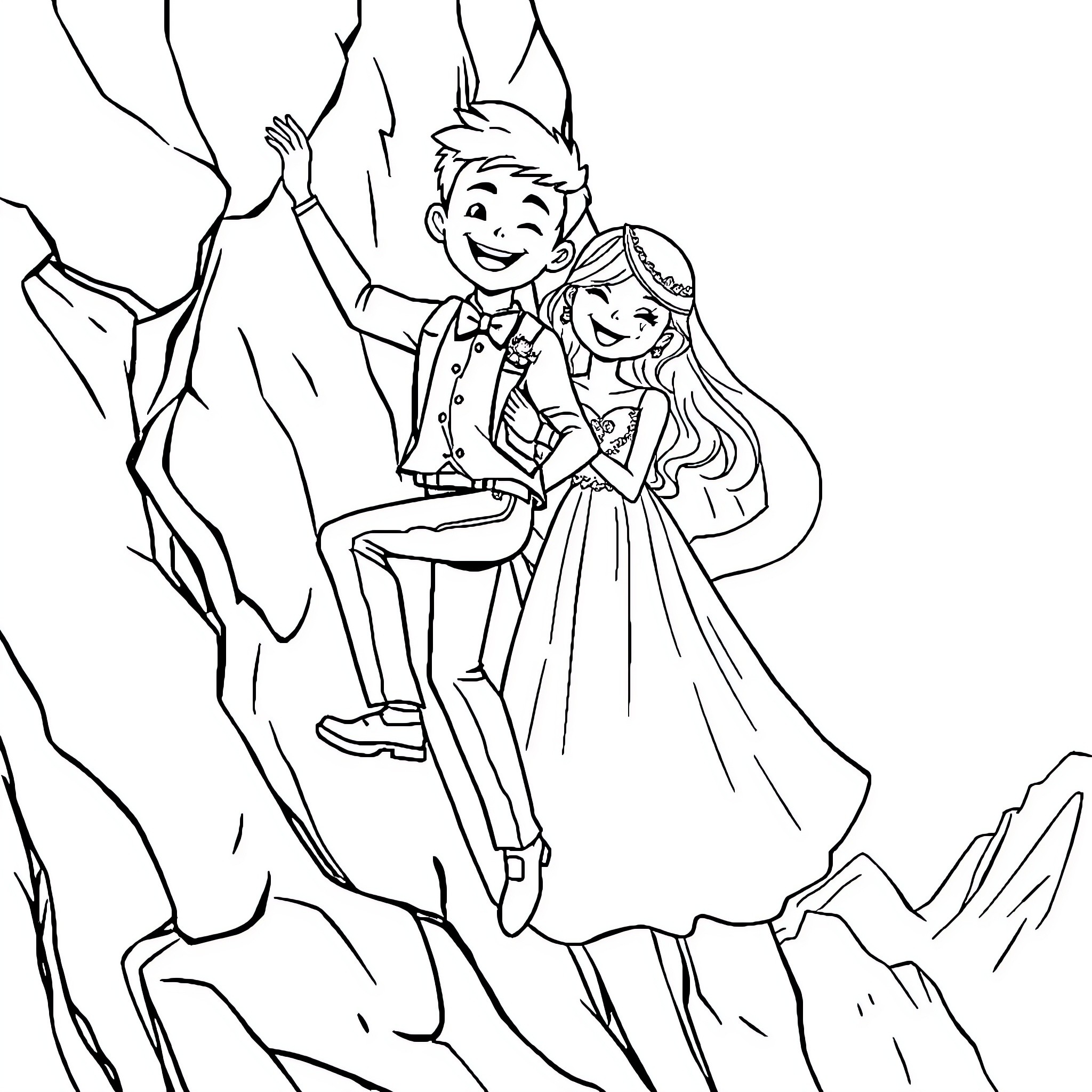Climber couple enjoying the mountain view Coloring Page (free black-and-white line drawing printable PDF for all, from beginners to advanced learners, including children, teens, adults, and seniors)