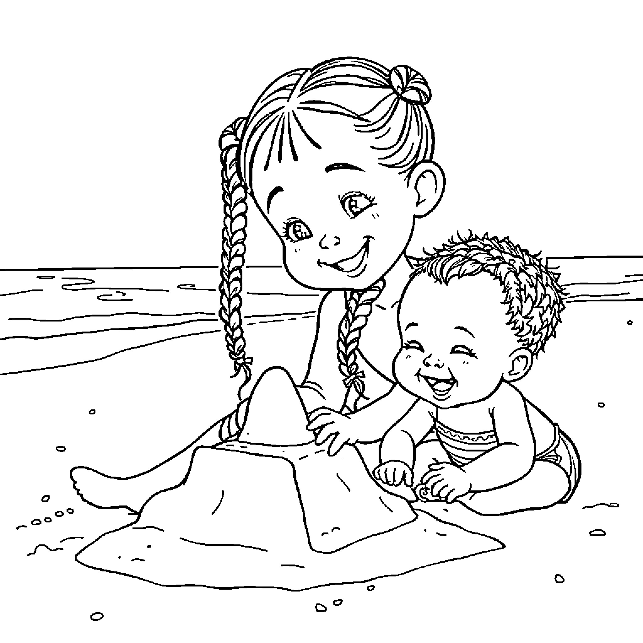 Child playing happily with baby on beach Coloring Page (free black-and-white line drawing printable PDF for all, from beginners to advanced learners, including children, teens, adults, and seniors)