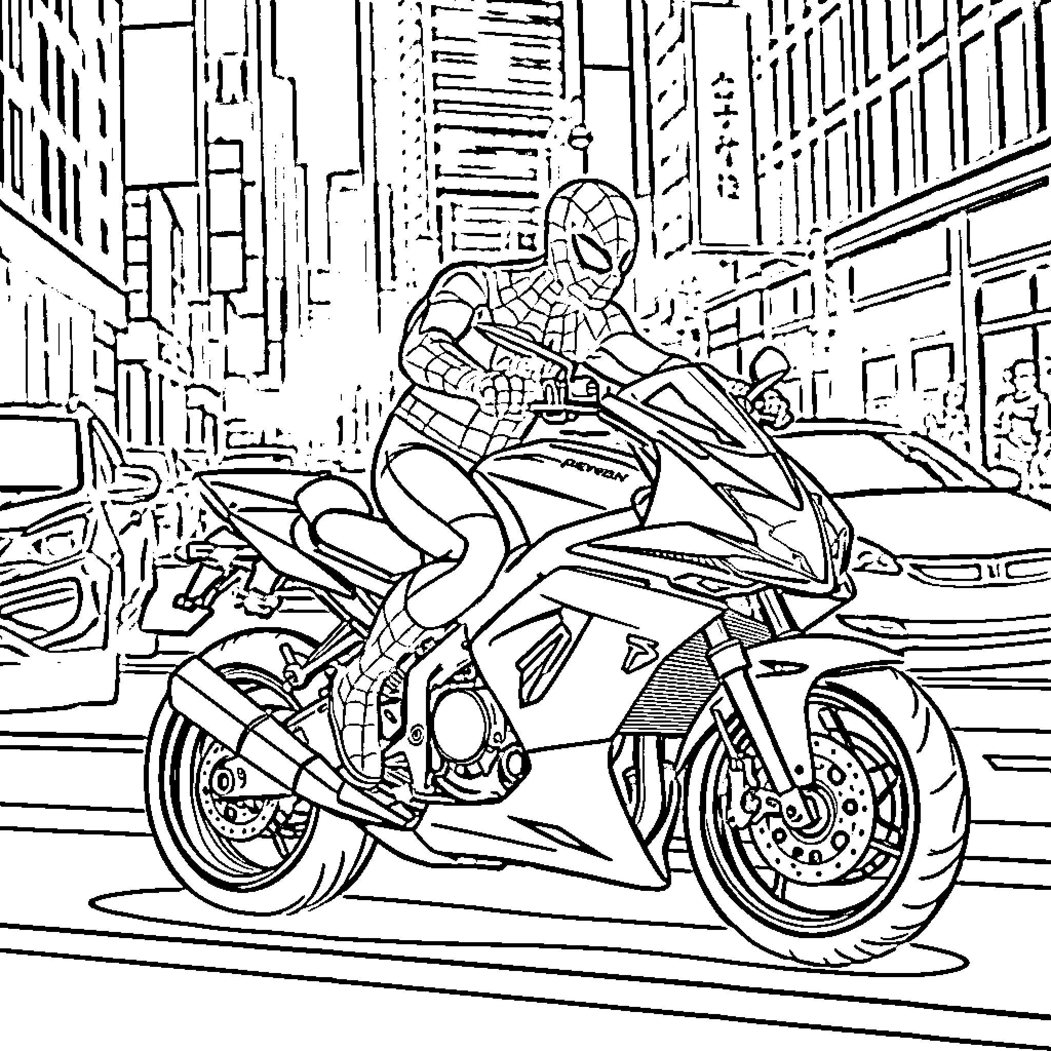 Spiderman riding a motorcycle through the city Coloring Page (free black-and-white line drawing printable PDF for all, from beginners to advanced learners, including children, teens, adults, and seniors)