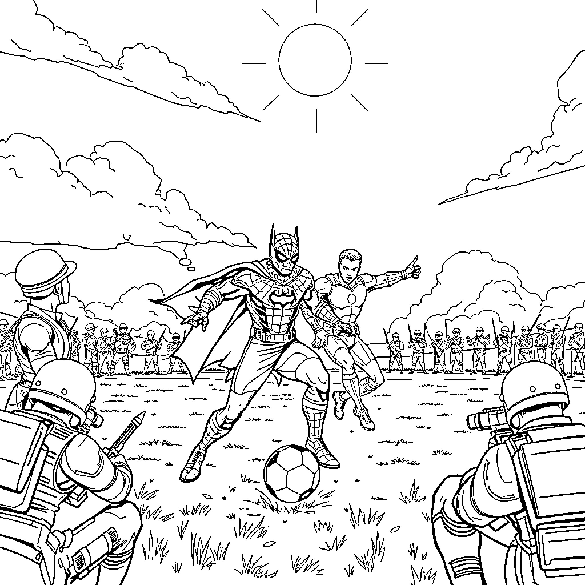 Superhero Duo Playing Football with Fans Coloring Page (free black-and-white line drawing printable PDF for all, from beginners to advanced learners, including children, teens, adults, and seniors)