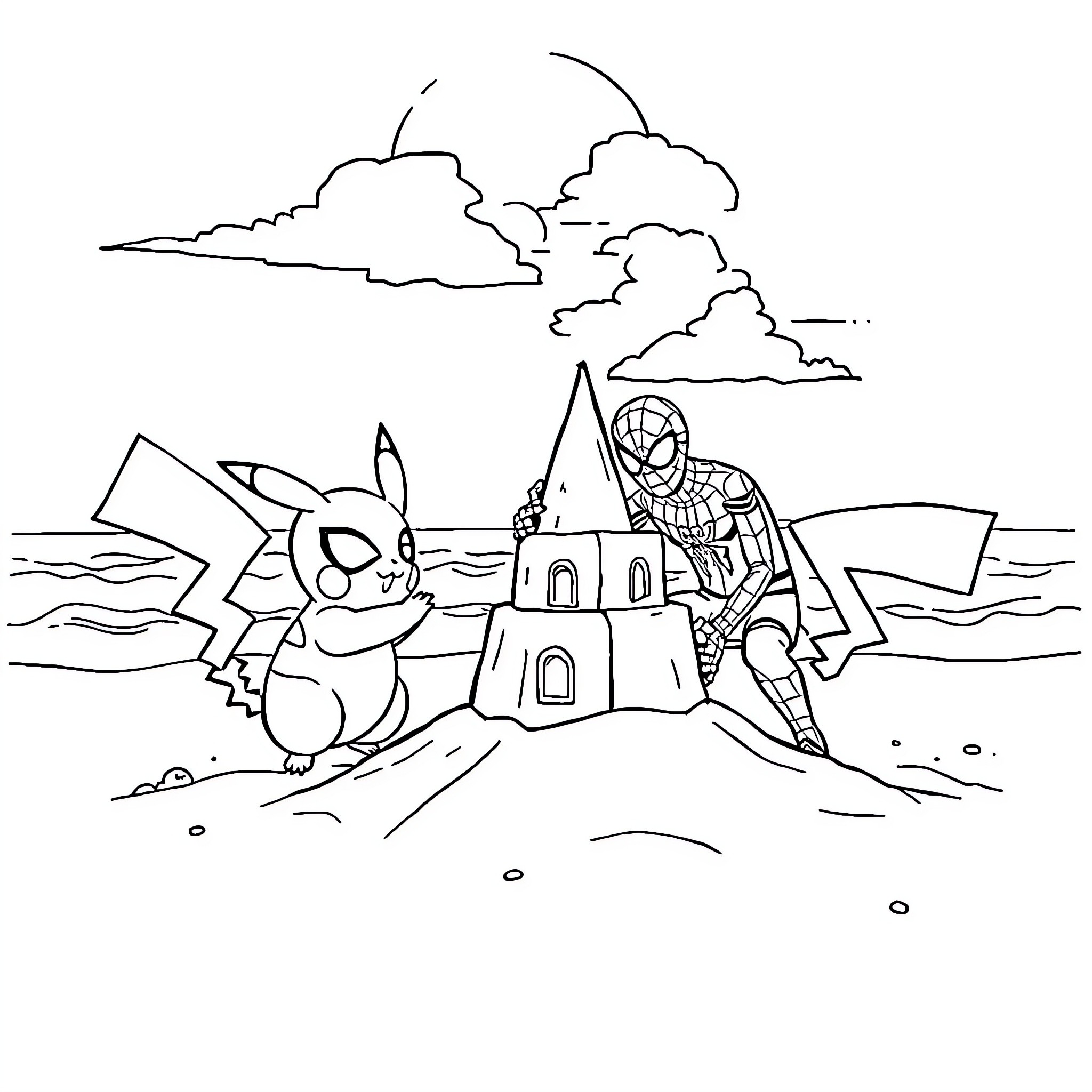 Pikachu and Spiderman build a sandcastle on the beach Coloring Page (free black-and-white line drawing printable PDF for all, from beginners to advanced learners, including children, teens, adults, and seniors)