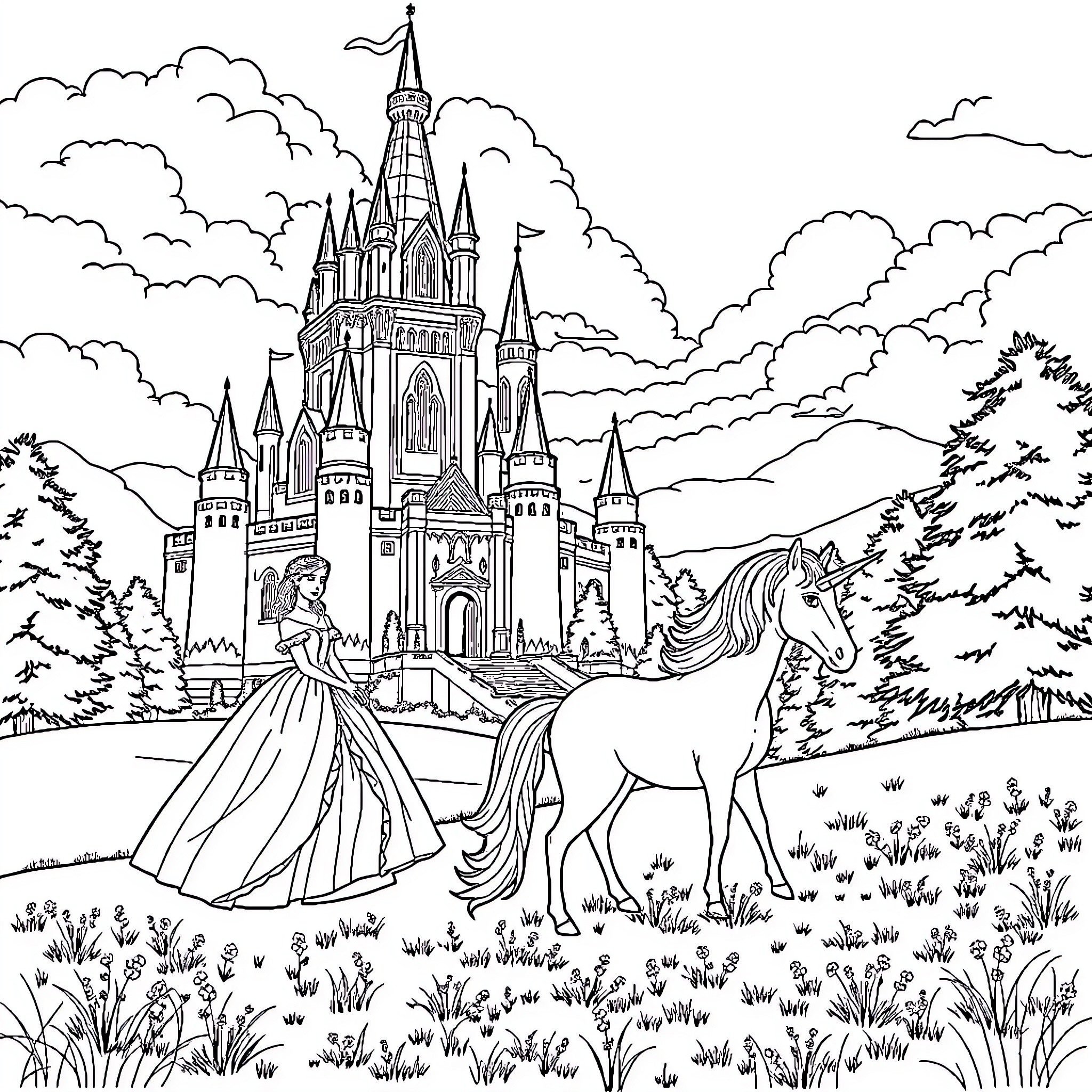 Castle with Princess and Horse in Enchanted Landscape Coloring Page (free black-and-white line drawing printable PDF for all, from beginners to advanced learners, including children, teens, adults, and seniors)