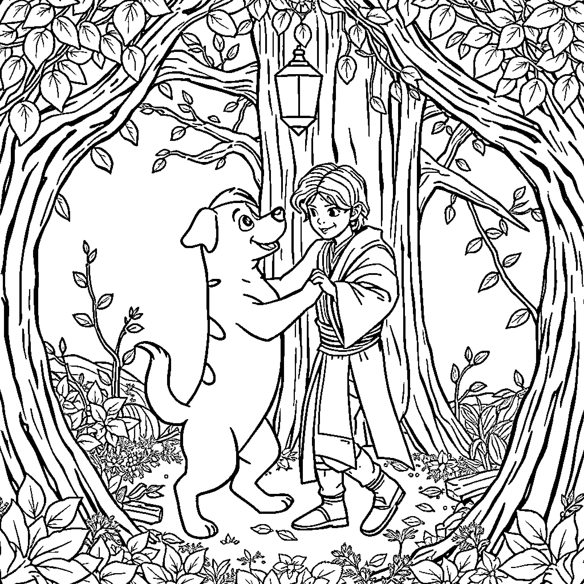 Dog and Boy Explore the Enchanted Forest Coloring Page (free black-and-white line drawing printable PDF for all, from beginners to advanced learners, including children, teens, adults, and seniors)