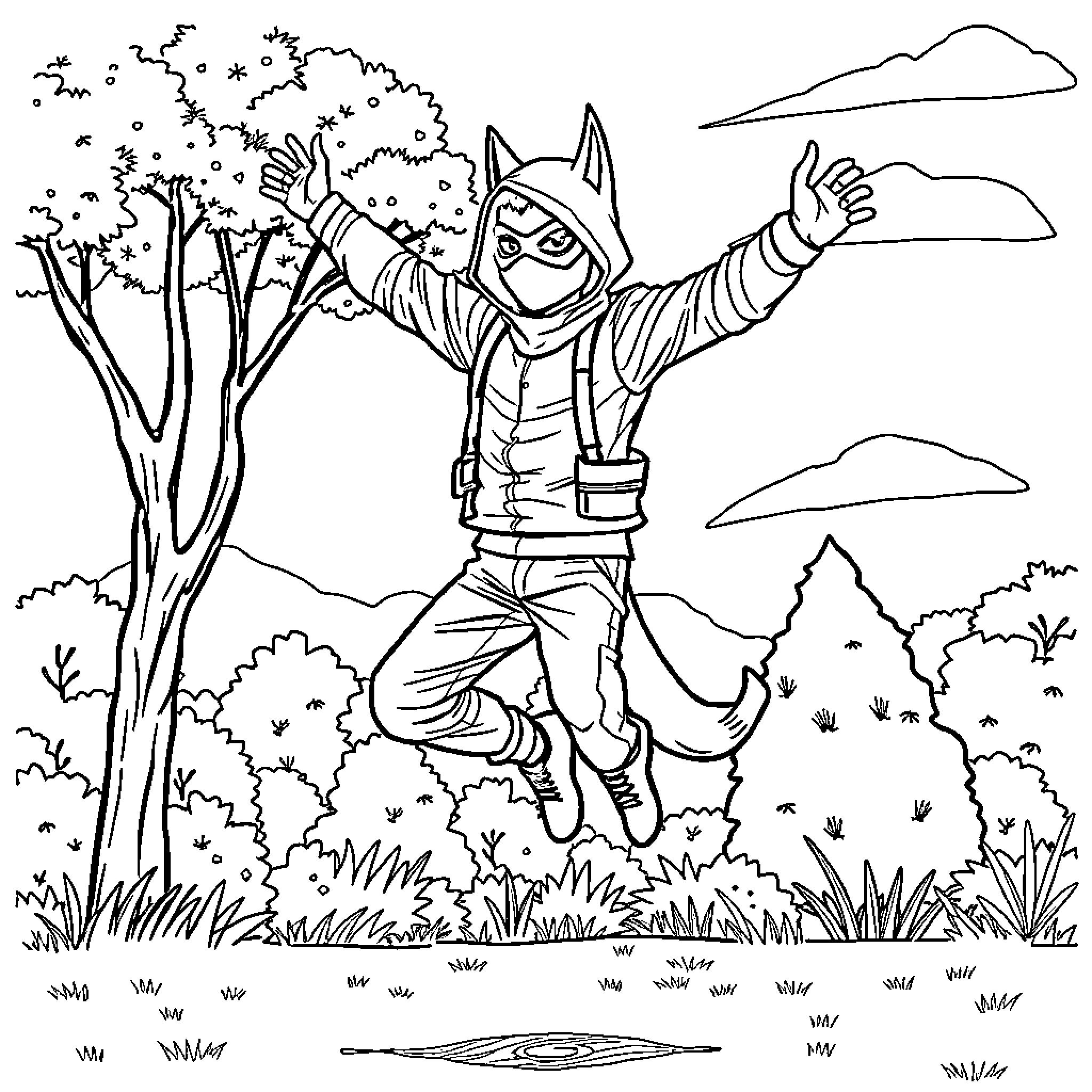 Hood Character Celebrates in Nature Coloring Page (free black-and-white line drawing printable PDF for all, from beginners to advanced learners, including children, teens, adults, and seniors)