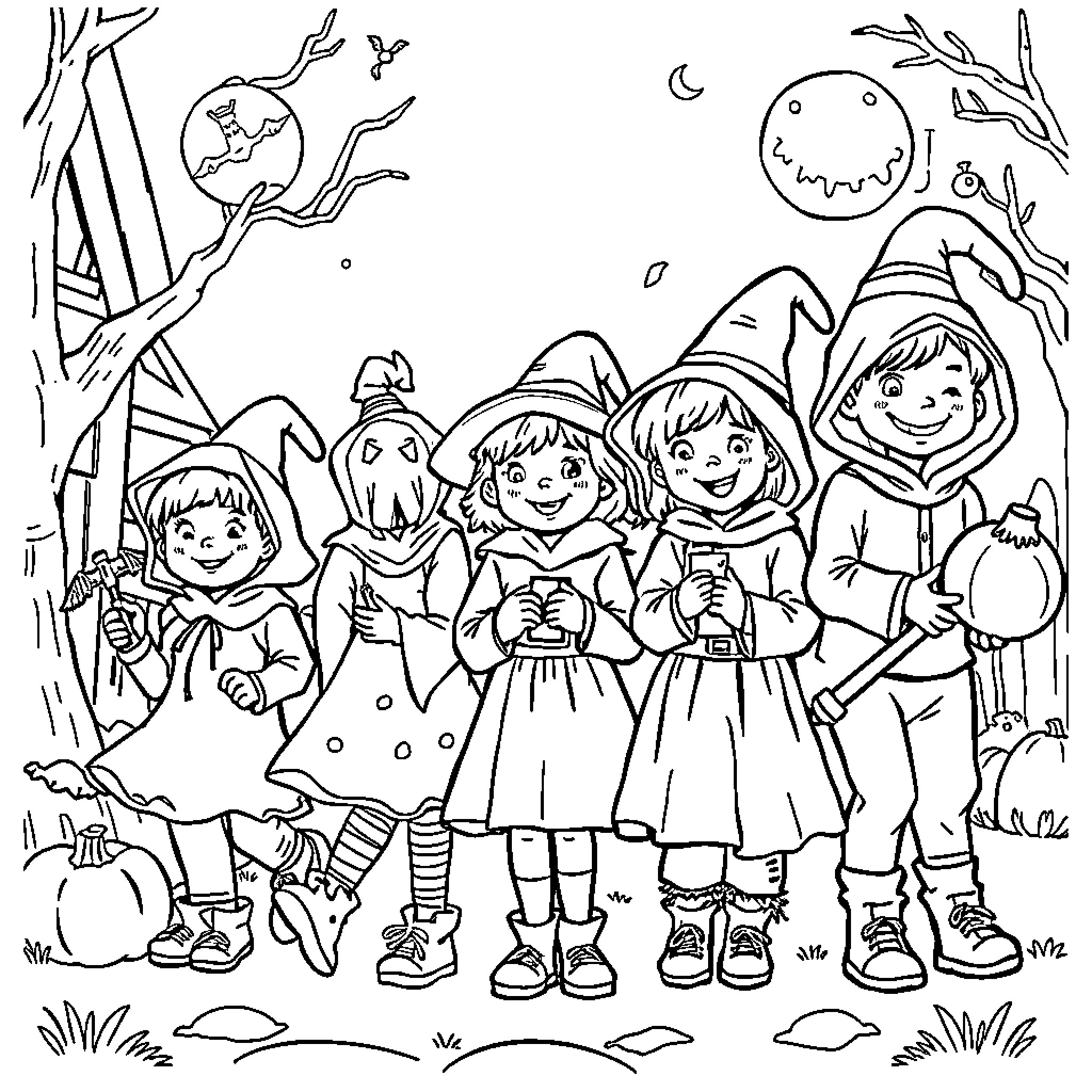 Halloween costumes and trick-or-treating in the woods Coloring Page (free black-and-white line drawing printable PDF for all, from beginners to advanced learners, including children, teens, adults, and seniors)