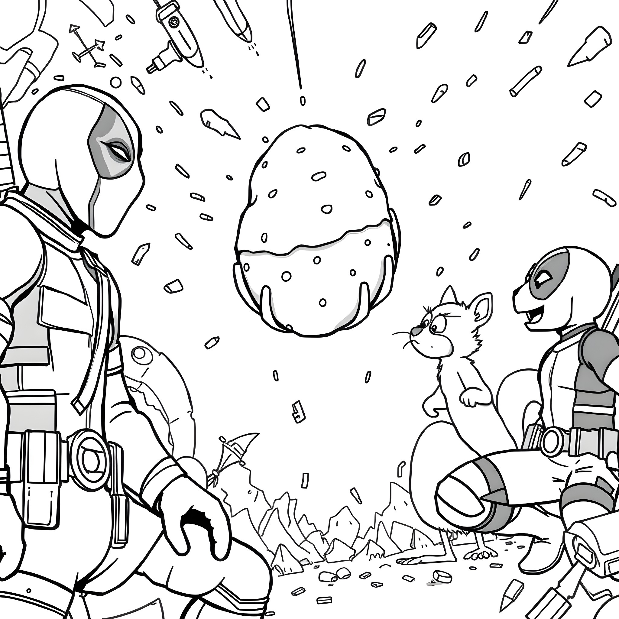 Deadpool's Crazy Adventure in a Whimsical Wonderland Coloring Page (free black-and-white line drawing printable PDF for all, from beginners to advanced learners, including children, teens, adults, and seniors)